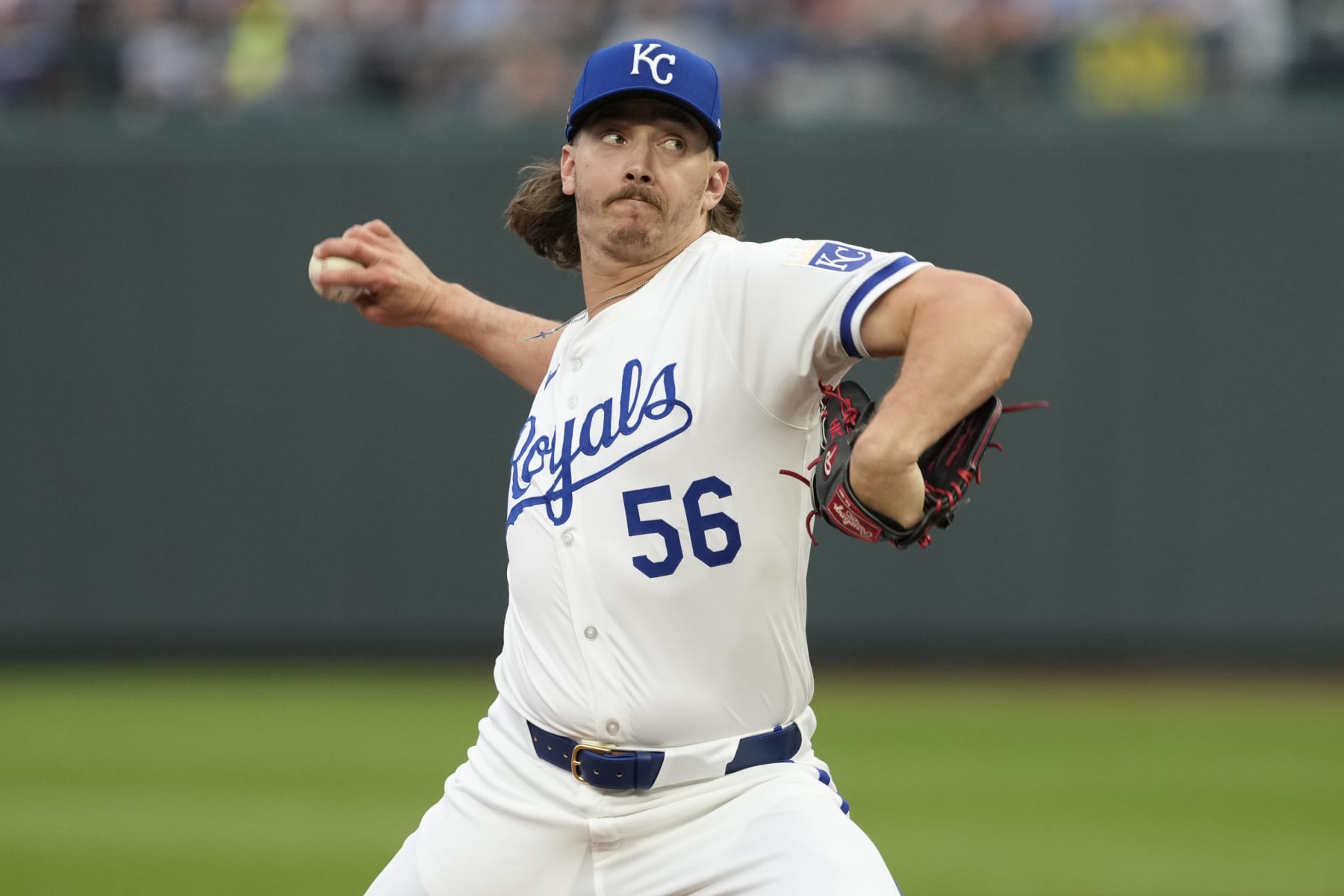 KANSAS CITY, MISSOURI - JULY 20:  Hunter Harvey #56 of the Kansas City Royals throws in the eighth inning against the Chicago White Sox at Kauffman Stadium on July 20, 2024 in Kansas City, Missouri. (Photo by Ed Zurga/Getty Images)