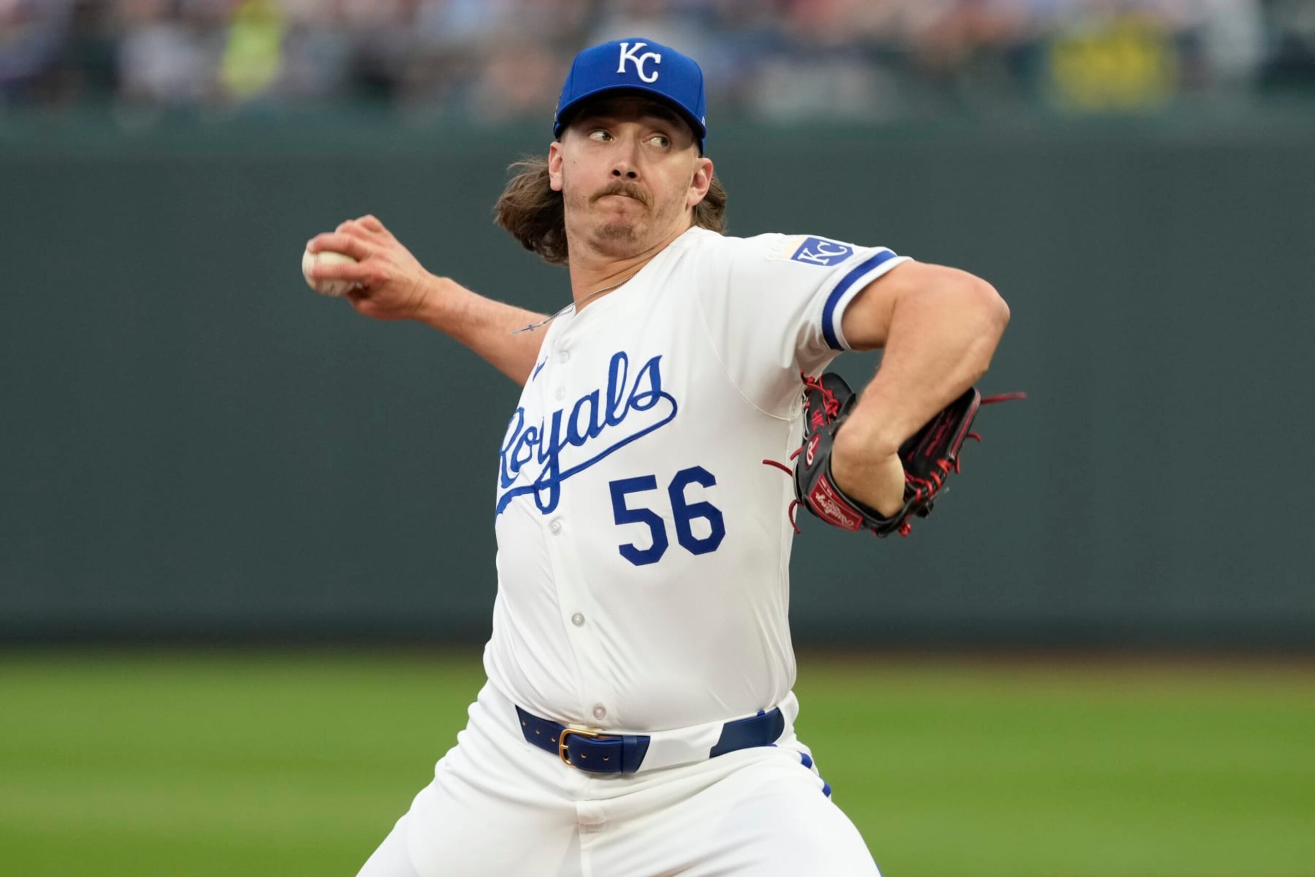 KANSAS CITY, MISSOURI - JULY 20:  Hunter Harvey #56 of the Kansas City Royals throws in the eighth inning against the Chicago White Sox at Kauffman Stadium on July 20, 2024 in Kansas City, Missouri. (Photo by Ed Zurga/Getty Images)