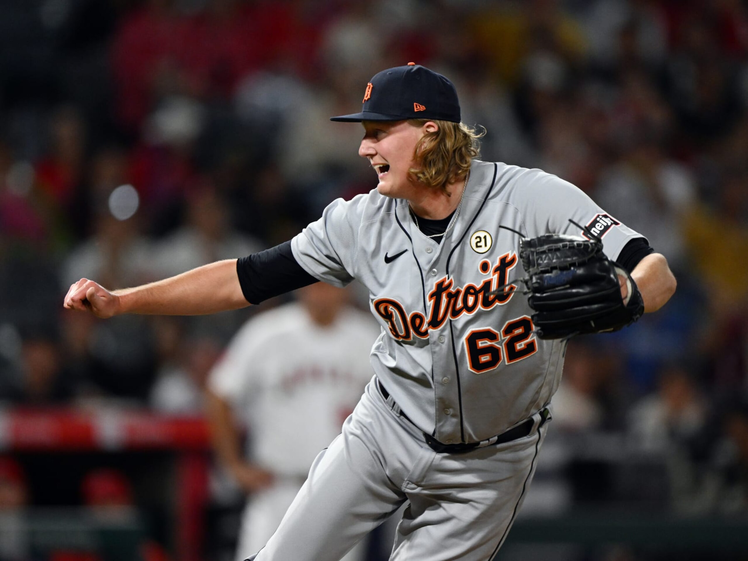 ANAHEIM, CA - SEPTEMBER 15: Detroit Tigers pitcher Trey Wingenter (62) pitching during an MLB baseball game against the Los Angeles Angels played on September 15, 2023 at Angel Stadium in Anaheim, CA. (Photo by John Cordes/Icon Sportswire via Getty Images)