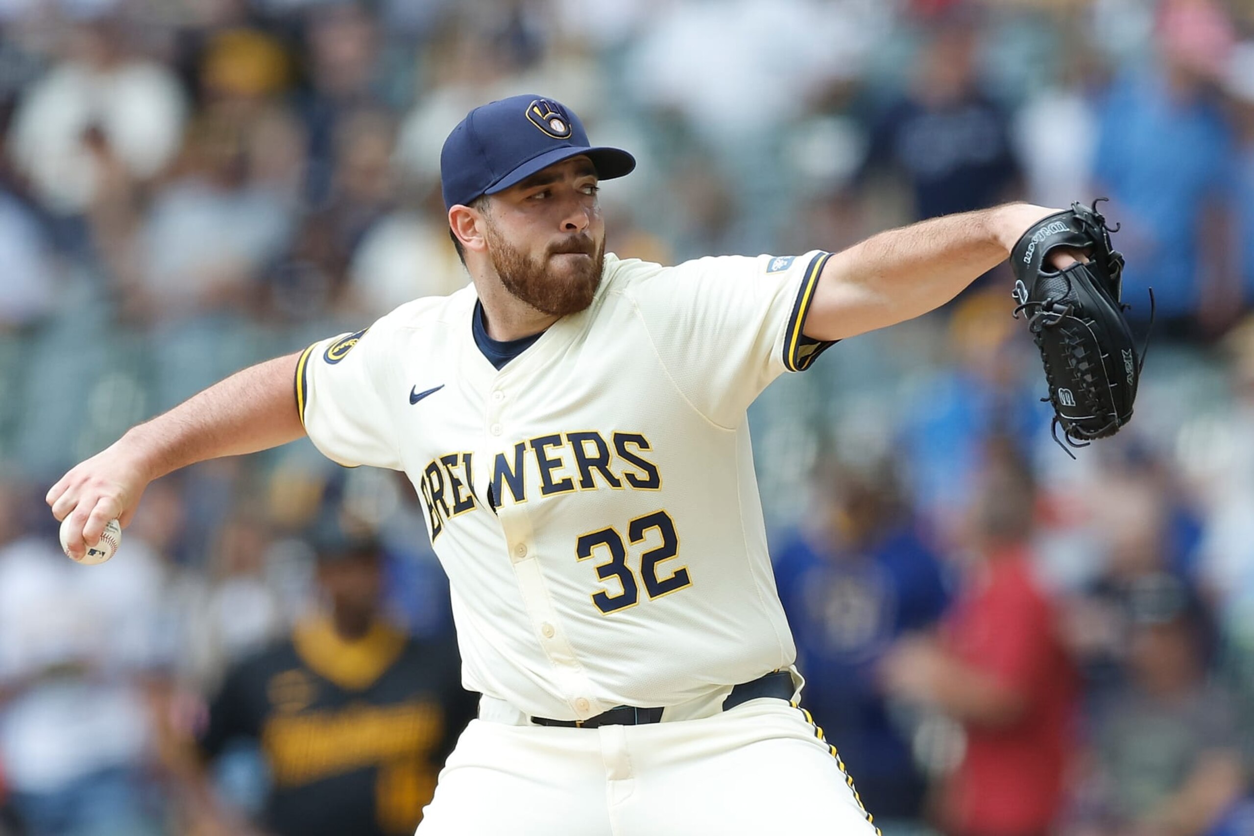MILWAUKEE, WISCONSIN - JULY 11: Aaron Civale #32 of the Milwaukee Brewers throws a pitch in the first inning against the Pittsburgh Pirates at American Family Field on July 11, 2024 in Milwaukee, Wisconsin. (Photo by John Fisher/Getty Images)