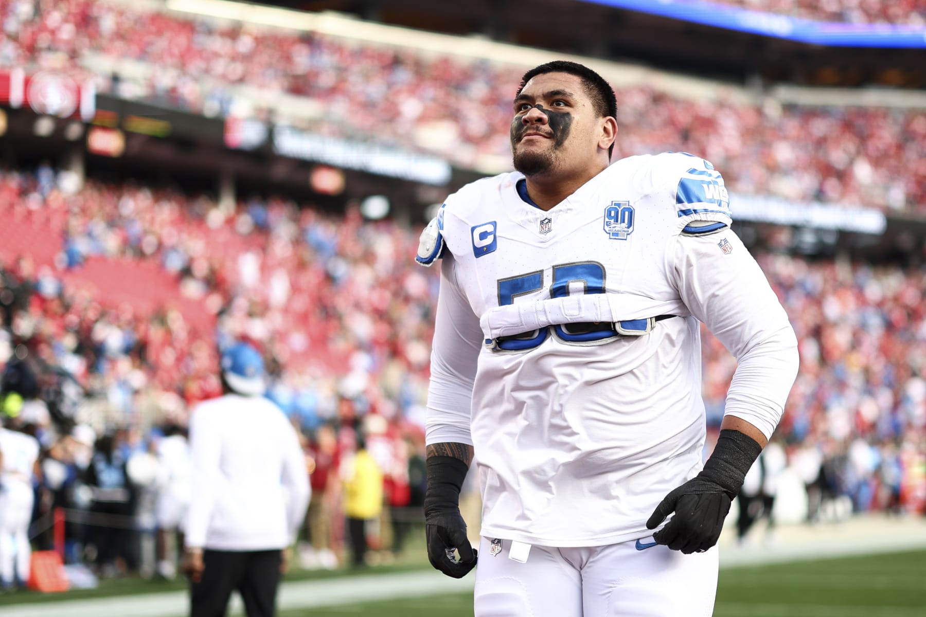 SANTA CLARA, CA - JANUARY 28: Penei Sewell #58 of the Detroit Lions looks to fans prior to the NFC Championship NFL football game against the San Francisco 49ers at Levi's Stadium on January 28, 2024 in Santa Clara, California. (Photo by Kevin Sabitus/Getty Images)