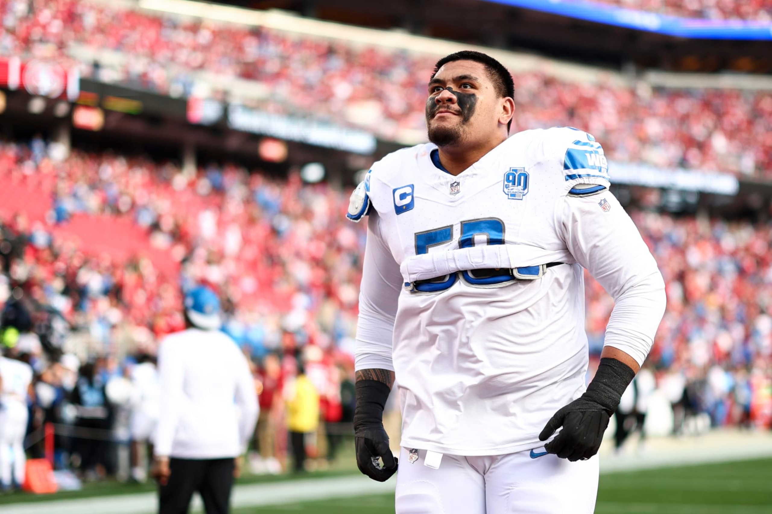 SANTA CLARA, CA - JANUARY 28: Penei Sewell #58 of the Detroit Lions looks to fans prior to the NFC Championship NFL football game against the San Francisco 49ers at Levi's Stadium on January 28, 2024 in Santa Clara, California. (Photo by Kevin Sabitus/Getty Images)