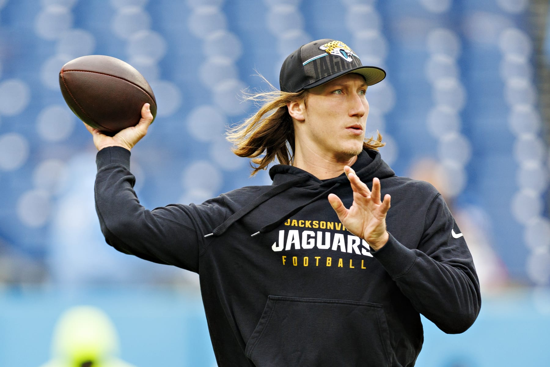 NASHVILLE TENNESSEE - JANUARY 07: Trevor Lawrence #16 of the Jacksonville Jaguars warms up before the game against the Tennessee Titans in Nashville, Tennessee at Nissan Stadium on January 7, 2024 in Houston, Texas. The Titans defeated the Jaguars 28-20.  (Photo by Wesley Hitt/Getty Images)