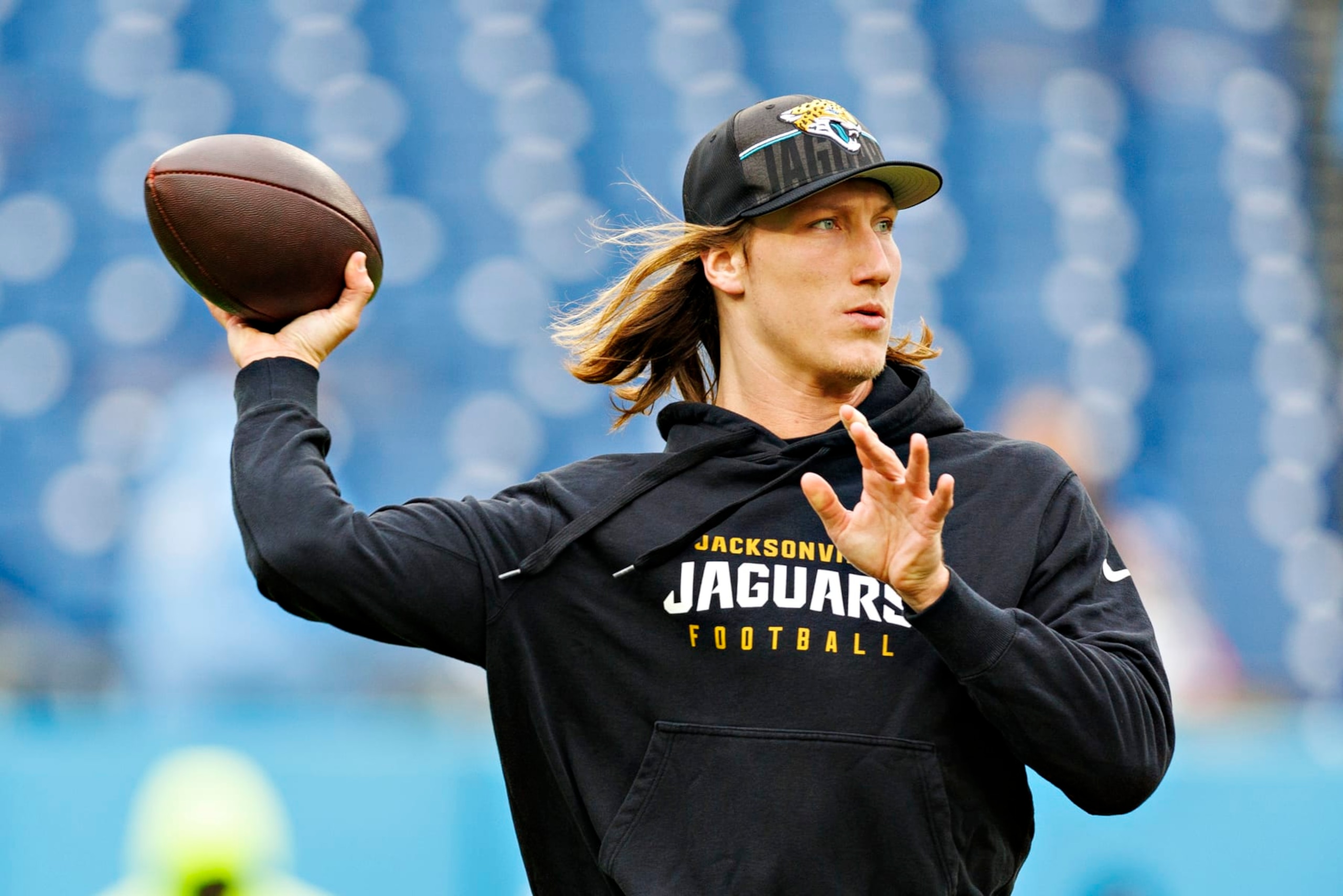 NASHVILLE TENNESSEE - JANUARY 07: Trevor Lawrence #16 of the Jacksonville Jaguars warms up before the game against the Tennessee Titans in Nashville, Tennessee at Nissan Stadium on January 7, 2024 in Houston, Texas. The Titans defeated the Jaguars 28-20.  (Photo by Wesley Hitt/Getty Images)