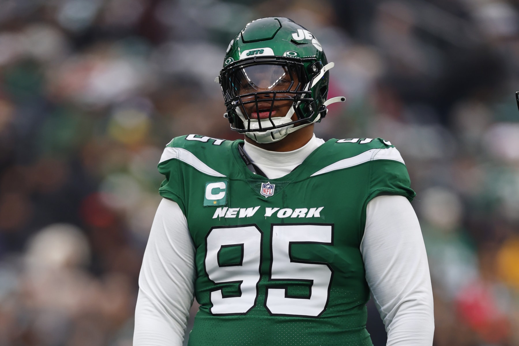 EAST RUTHERFORD, NEW JERSEY - DECEMBER 24: Quinnen Williams #95 of the New York Jets in action against the Washington Commanders during a game at MetLife Stadium on December 24, 2023 in East Rutherford, New Jersey. (Photo by Rich Schultz/Getty Images)