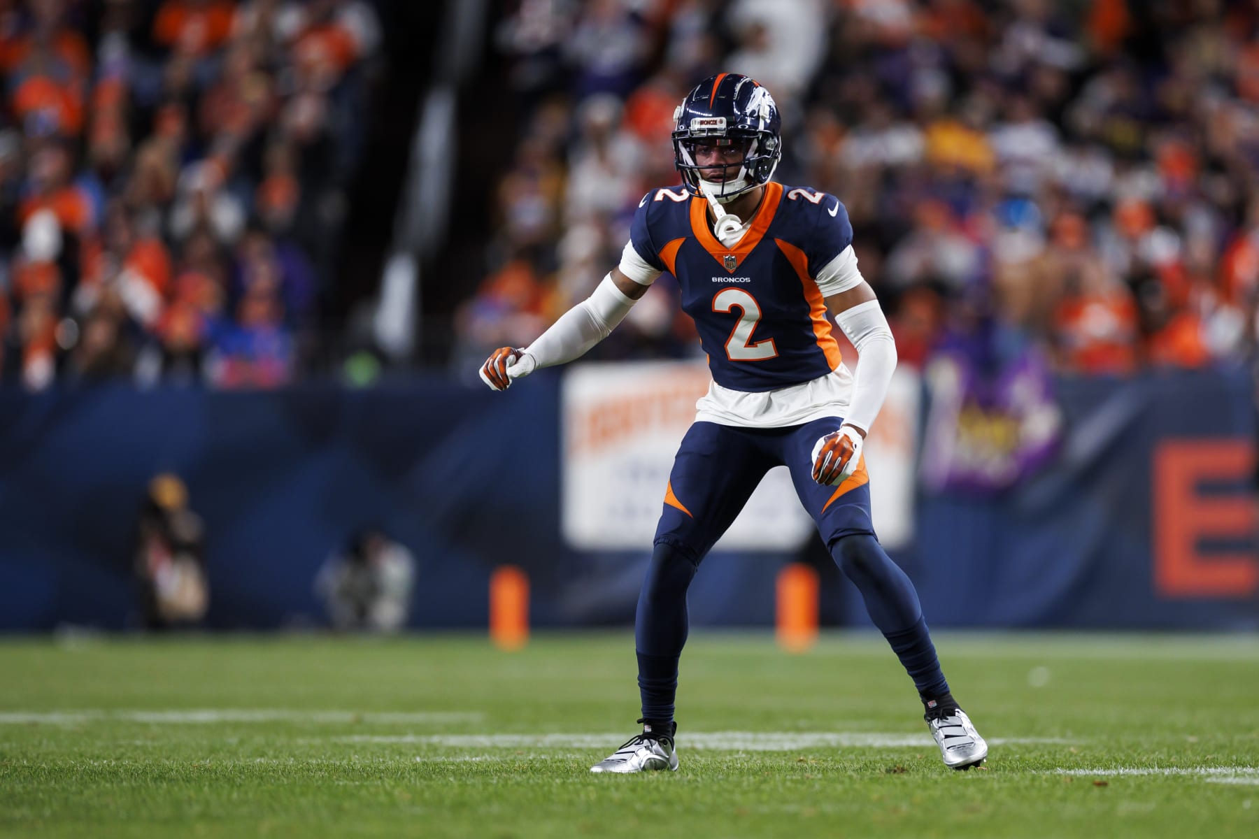 DENVER, COLORADO - NOVEMBER 19: Pat Surtain II #2 of the Denver Broncos defends in coverage during an NFL football game against the Minnesota Vikings at Empower Field at Mile High on November 19, 2023 in Denver, Colorado. (Photo by Ryan Kang/Getty Images)