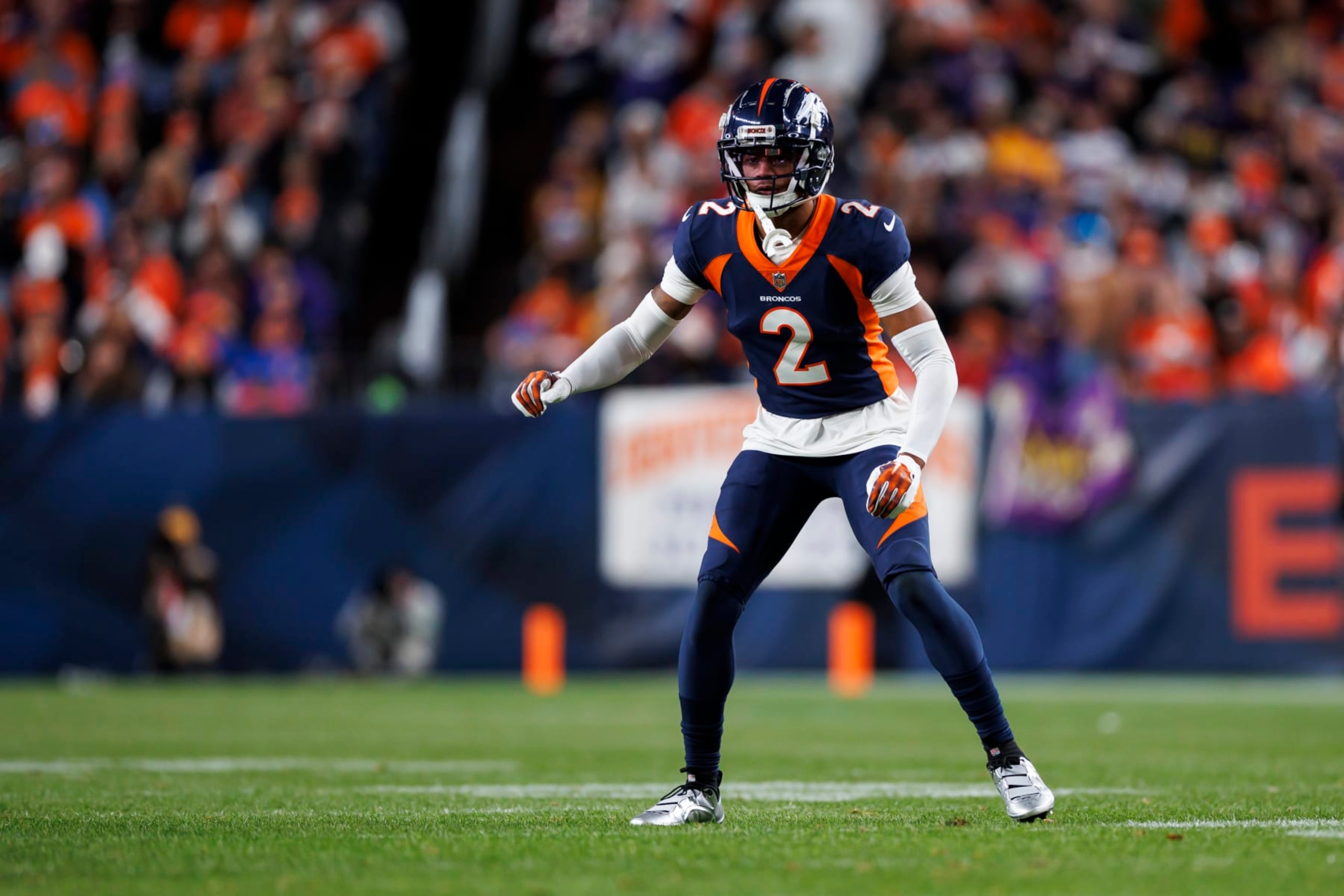 DENVER, COLORADO - NOVEMBER 19: Pat Surtain II #2 of the Denver Broncos defends in coverage during an NFL football game against the Minnesota Vikings at Empower Field at Mile High on November 19, 2023 in Denver, Colorado. (Photo by Ryan Kang/Getty Images)