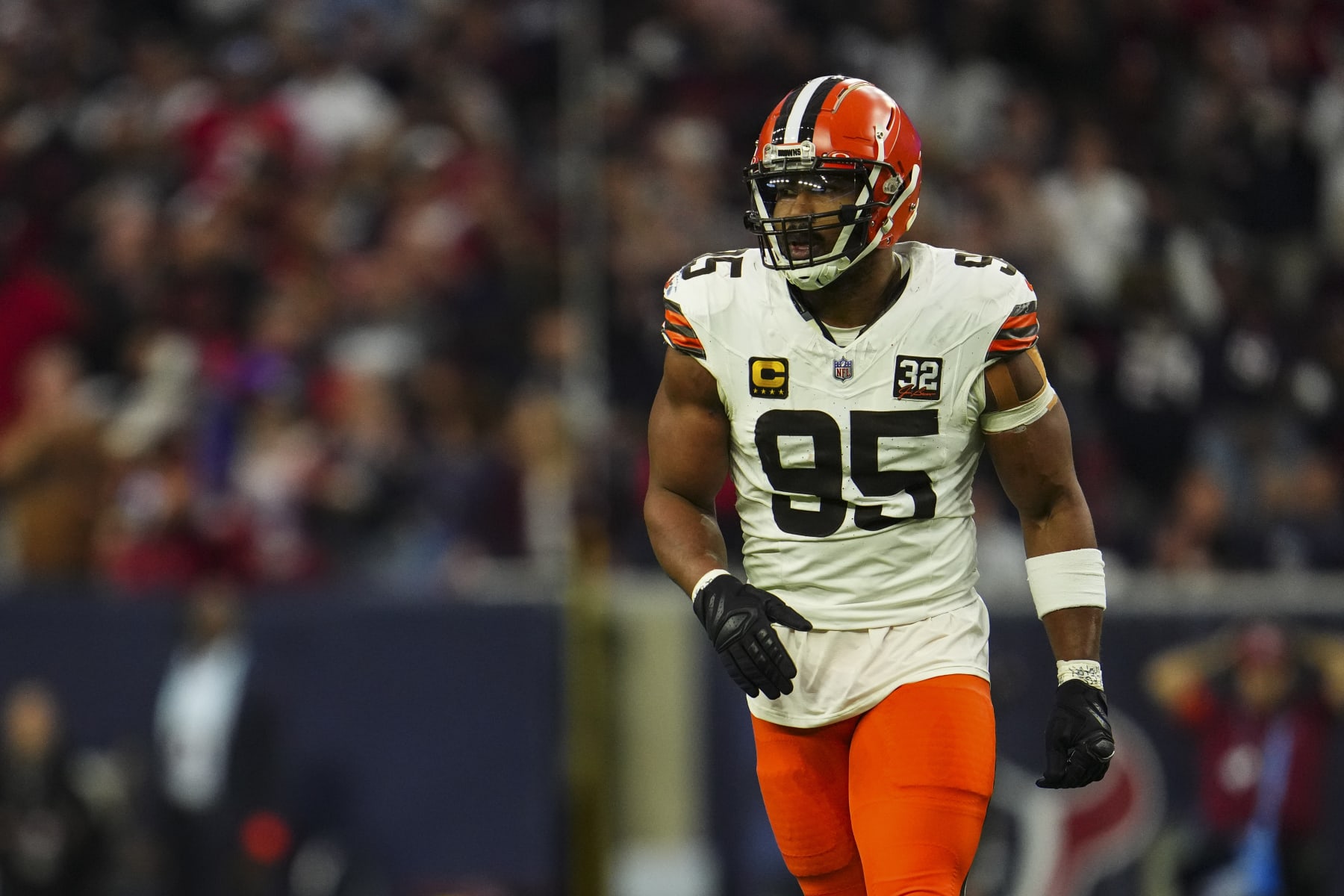 HOUSTON, TX - JANUARY 13: Myles Garrett #95 of the Cleveland Browns looks on from the field during an NFL wild-card playoff football game against the Houston Texans at NRG Stadium on January 13, 2024 in Houston, Texas. (Photo by Cooper Neill/Getty Images)