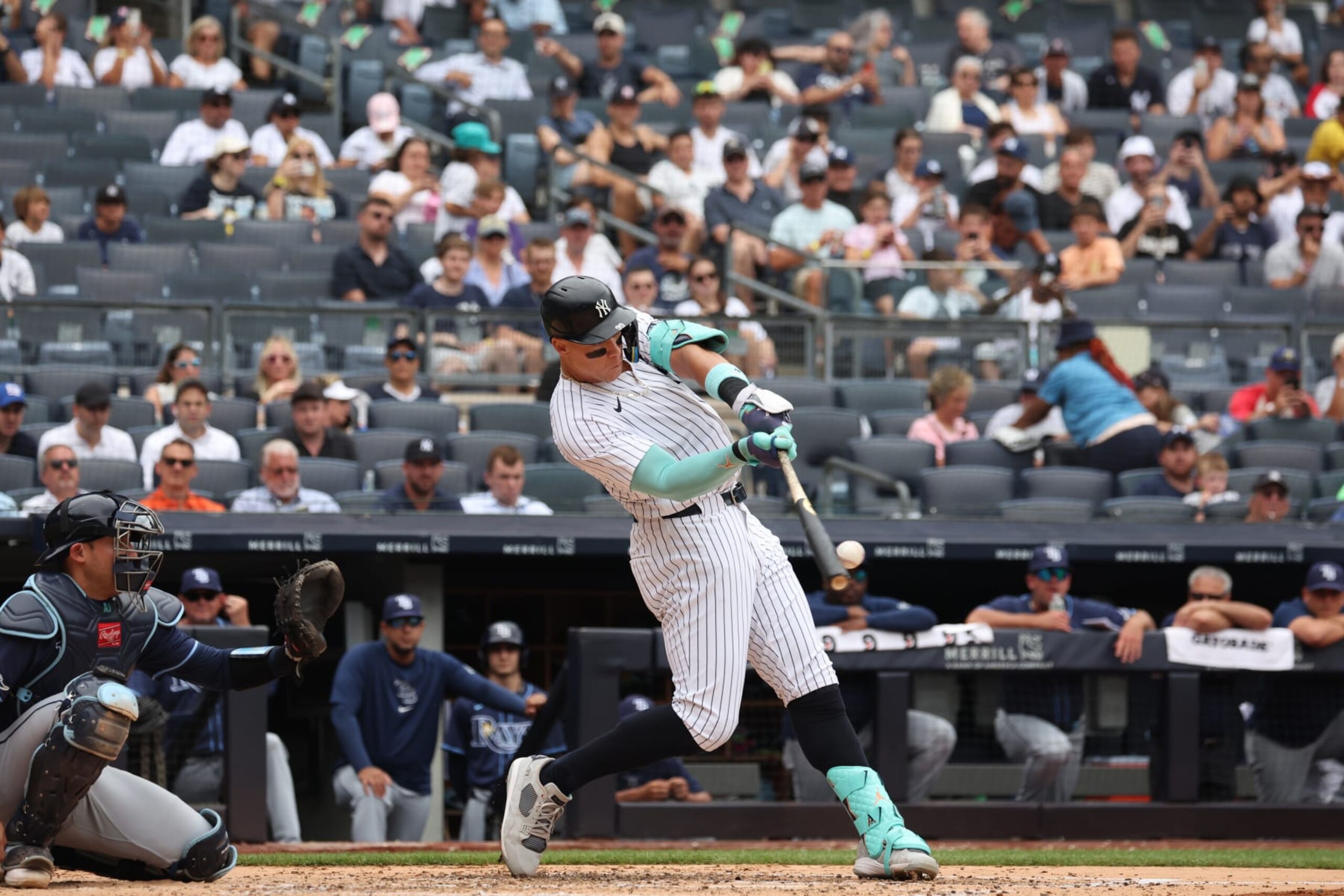NEW YORK, NY - JULY 22: Aaron Judge #99 of the New York Yankees hits the ball during the game against the Tampa Bay Rays at Yankee Stadium on July 22, 2024, in New York, New York. (Photo by New York Yankees/Getty Images)