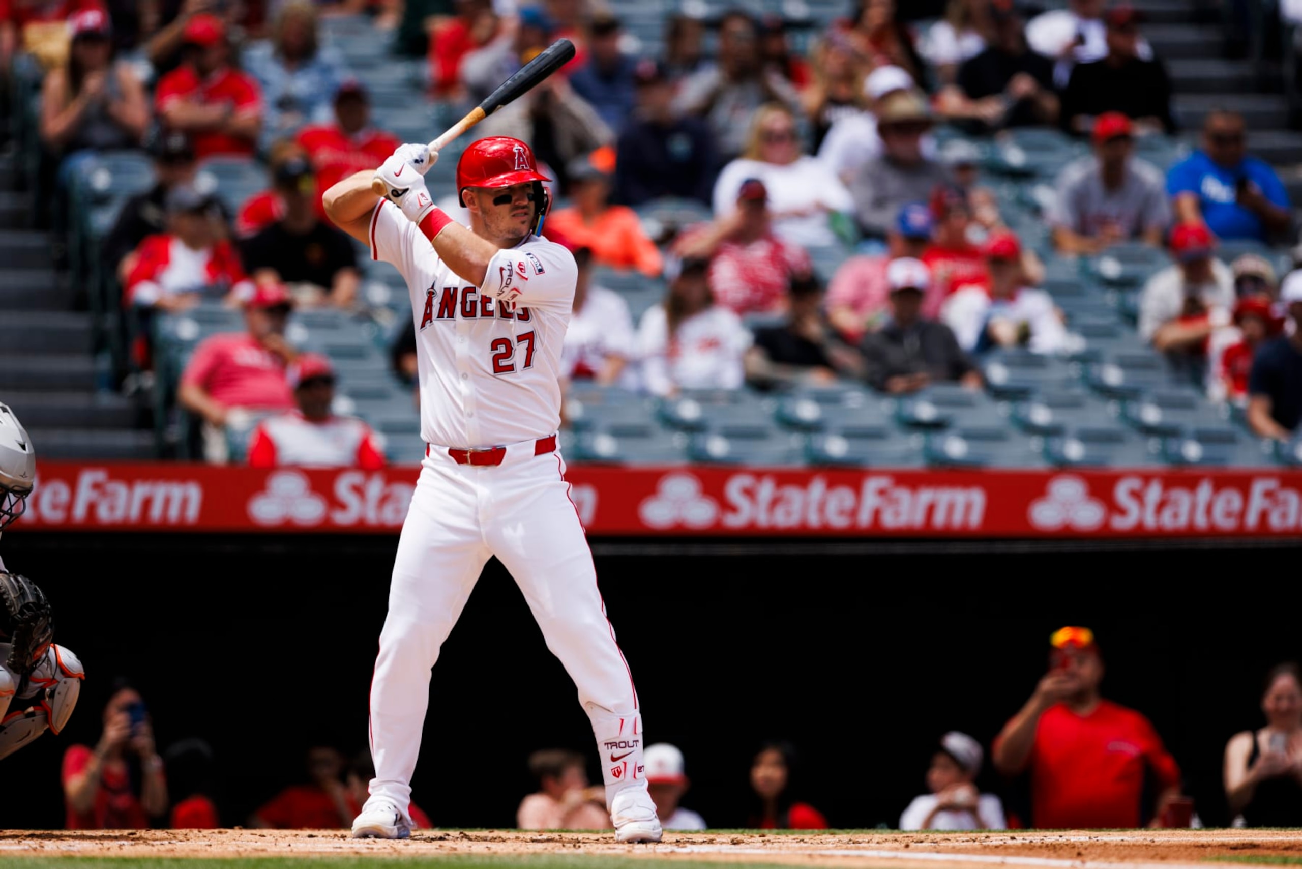 ANAHEIM, CALIFORNIA - APRIL 24: Mike Trout #27 of the Los Angeles Angels at bat during a MLB baseball game against the Baltimore Orioles at Angel Stadium of Anaheim on April 24, 2024 in Anaheim, California. (Photo by Ric Tapia/Getty Images)