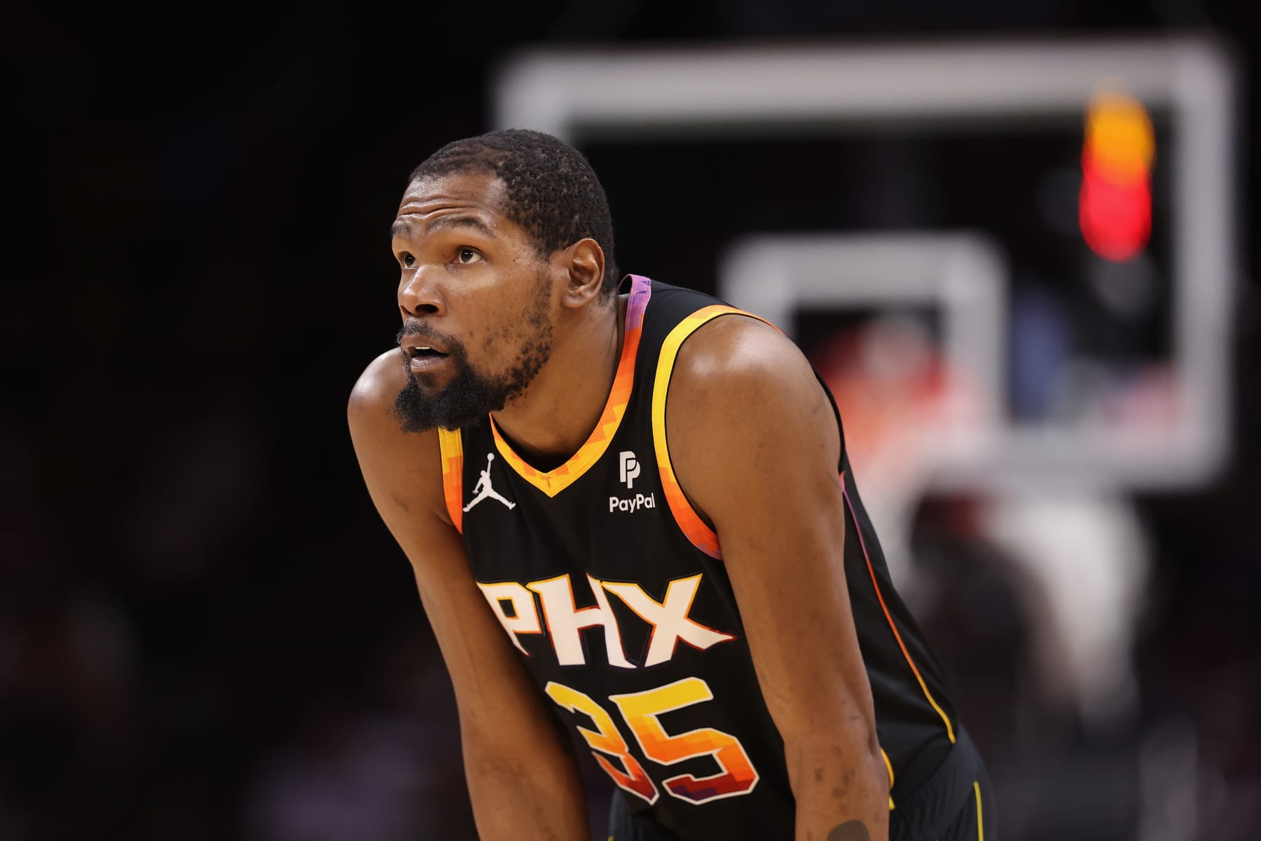 PHOENIX, ARIZONA - APRIL 26: Kevin Durant #35 of the Phoenix Suns during the second half of game three of the Western Conference First Round Playoffs at Footprint Center on April 26, 2024 in Phoenix, Arizona. The Timberwolves defeated the Suns 126-109. ˆNOTE TO USER: User expressly acknowledges and agrees that, by downloading and or using this photograph, User is consenting to the terms and conditions of the Getty Images License Agreement. NOTE TO USER: User expressly acknowledges and agrees that, by downloading and or using this photograph, User is consenting to the terms and conditions of the Getty Images License Agreement. ˆ (Photo by Christian Petersen/Getty Images)