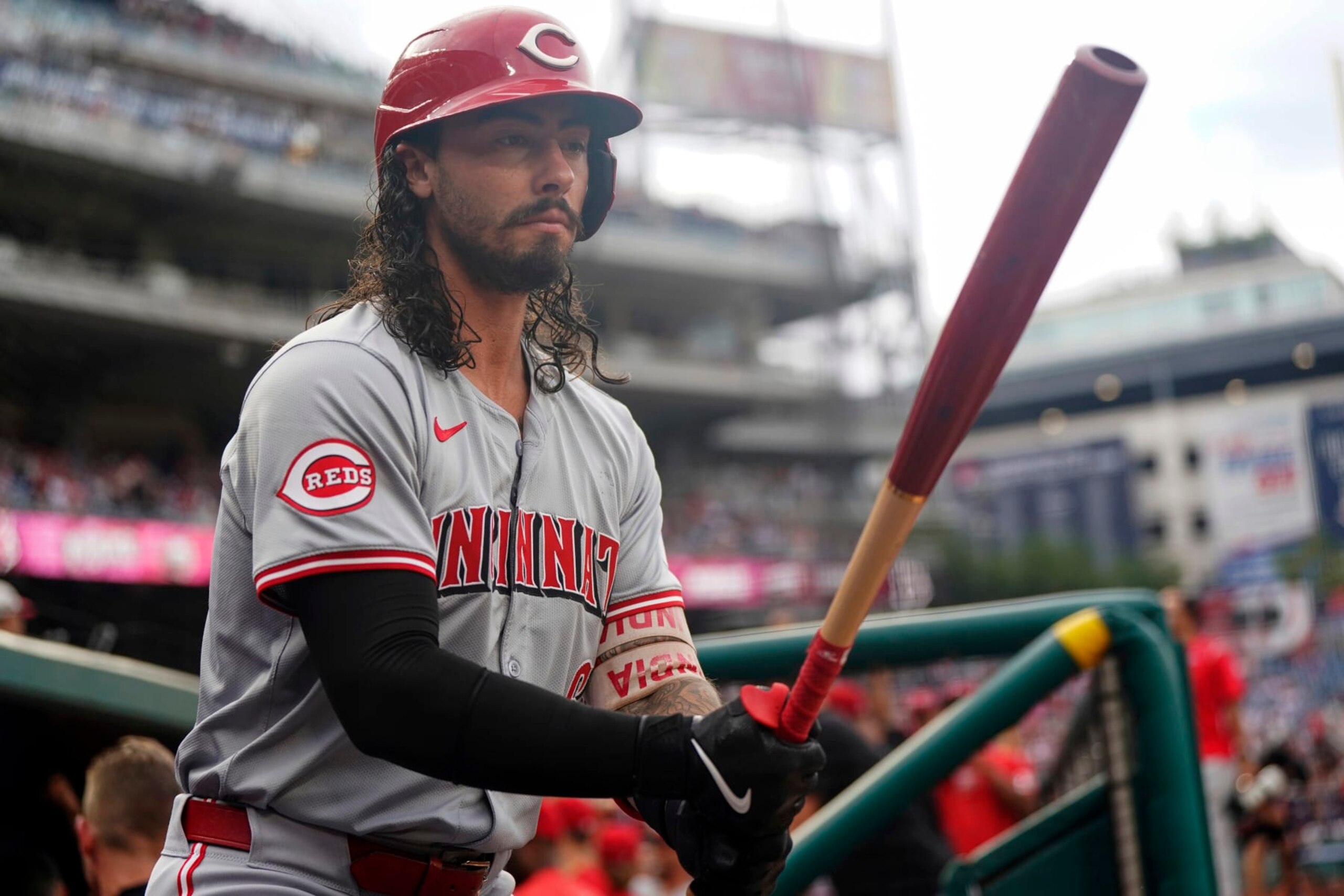 WASHINGTON, DC - JULY 20: Jonathan India #6 of the Cincinnati Reds steps out of the dugout to warm up while on deck to bat against the Washington Nationals during the first inning at Nationals Park on July 20, 2024 in Washington, DC. (Photo by Jess Rapfogel/Getty Images)