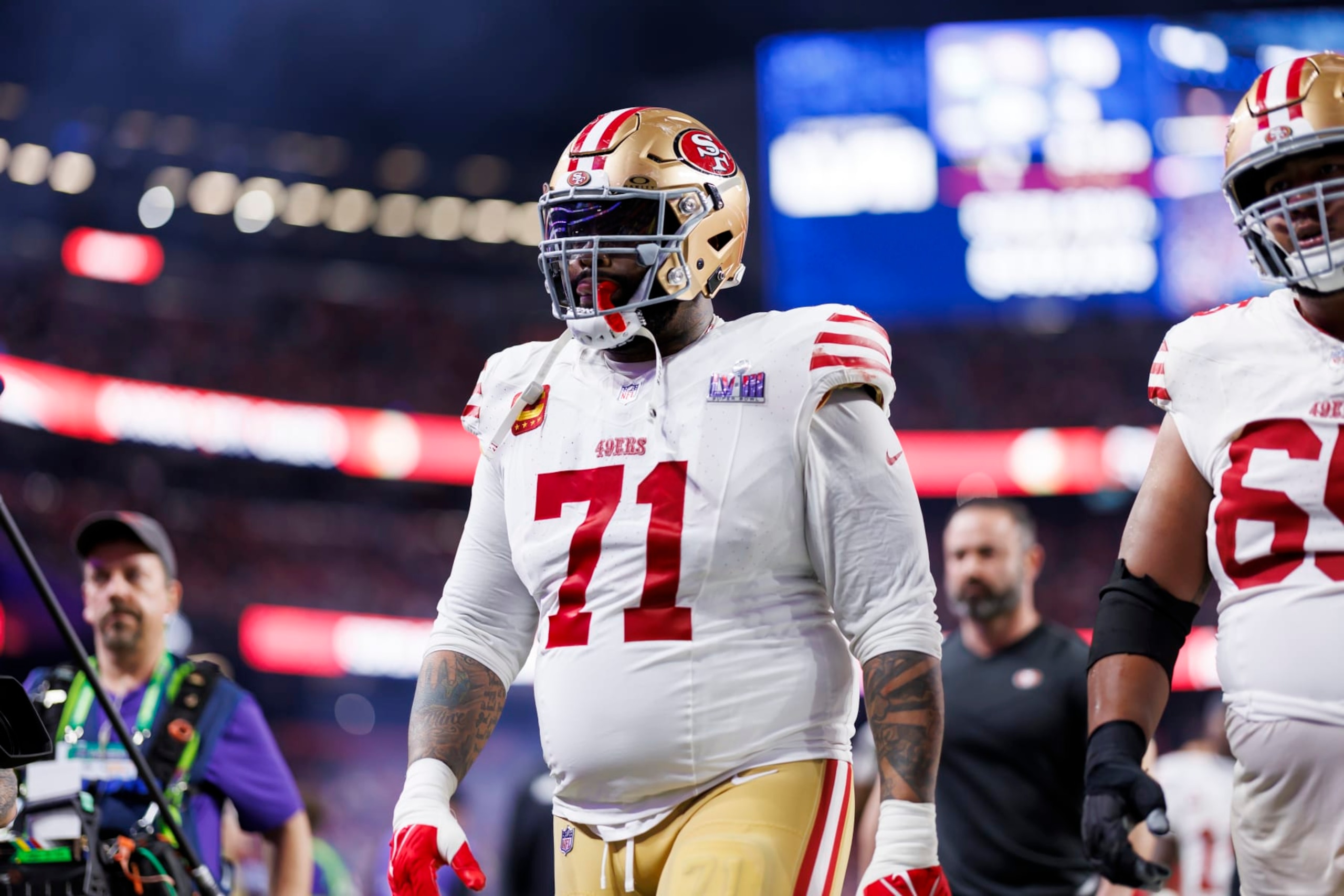 LAS VEGAS, NEVADA - FEBRUARY 11: Trent Williams #71 of the San Francisco 49ers walks off the field during Super Bowl LVIII against the Kansas City Chiefs at Allegiant Stadium on February 11, 2024 in Las Vegas, Nevada. (Photo by Ryan Kang/Getty Images)