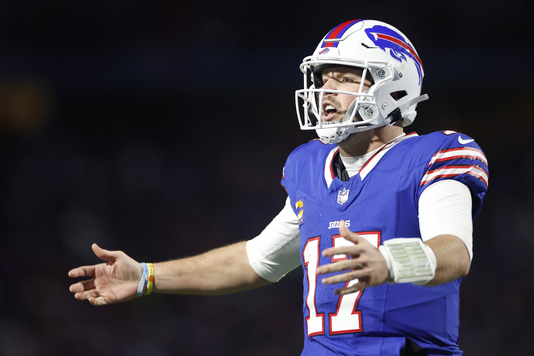 ORCHARD PARK, NEW YORK - NOVEMBER 19: Josh Allen #17 of the Buffalo Bills celebrates after throwing a touchdown pass in the third quarter against the New York Jets at Highmark Stadium on November 19, 2023 in Orchard Park, New York. (Photo by Sarah Stier/Getty Images)