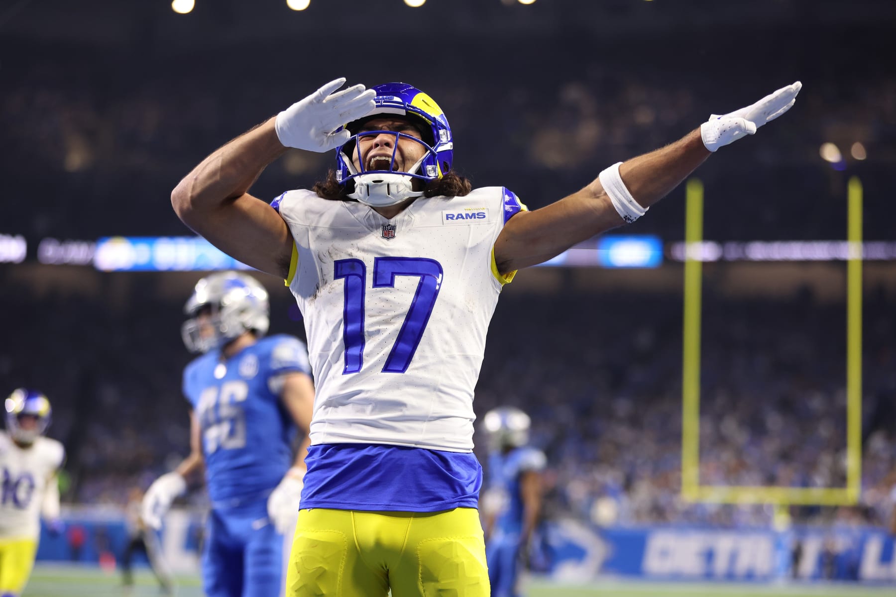 DETROIT, MICHIGAN - JANUARY 14: Puka Nacua #17 of the Los Angeles Rams reacts to a touchdown while playing the Detroit Lions during a NFC Wild Card Playoff game at Ford Field on January 14, 2024 in Detroit, Michigan. (Photo by Gregory Shamus/Getty Images)