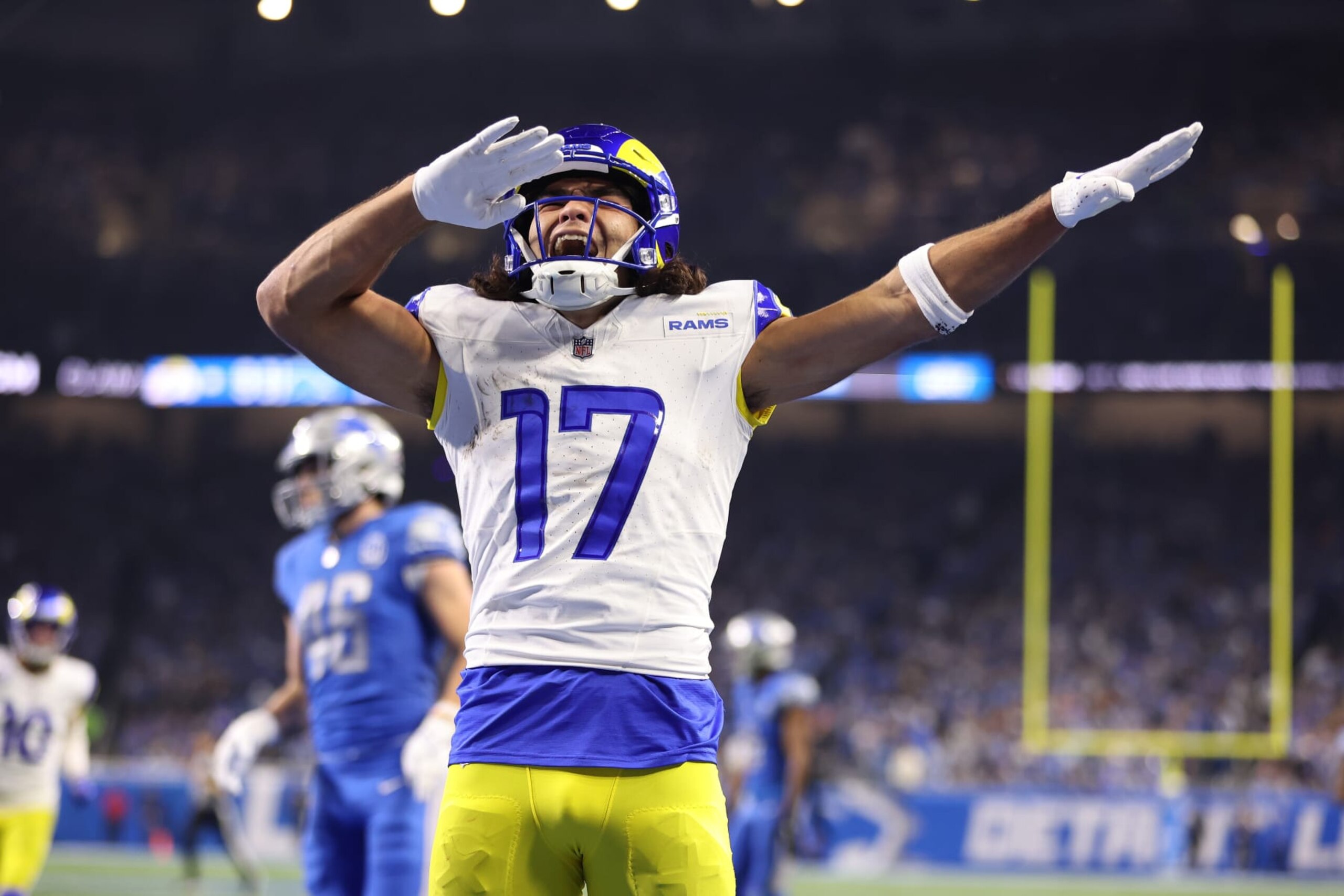 DETROIT, MICHIGAN - JANUARY 14: Puka Nacua #17 of the Los Angeles Rams reacts to a touchdown while playing the Detroit Lions during a NFC Wild Card Playoff game at Ford Field on January 14, 2024 in Detroit, Michigan. (Photo by Gregory Shamus/Getty Images) DETROIT, MICHIGAN - JANUARY 14: Puka Nacua #17 of the Los Angeles Rams reacts to a touchdown while playing the Detroit Lions during a NFC Wild Card Playoff game at Ford Field on January 14, 2024 in Detroit, Michigan. (Photo by Gregory Shamus/Getty Images)
