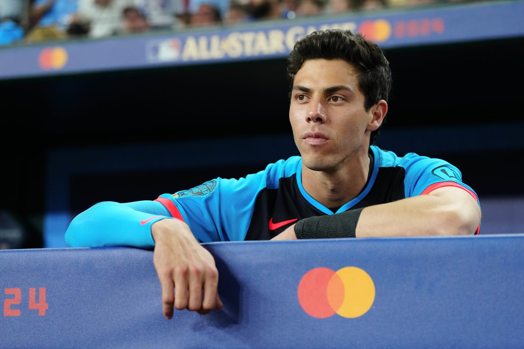 ARLINGTON, TX - JULY 16:  Christian Yelich #22 of the Milwaukee Brewers looks on from the dugout prior to the 94th MLB All-Star Game presented by Mastercard at Globe Life Field on Tuesday, July 16, 2024 in Arlington, Texas. (Photo by Mary DeCicco/MLB Photos via Getty Images)