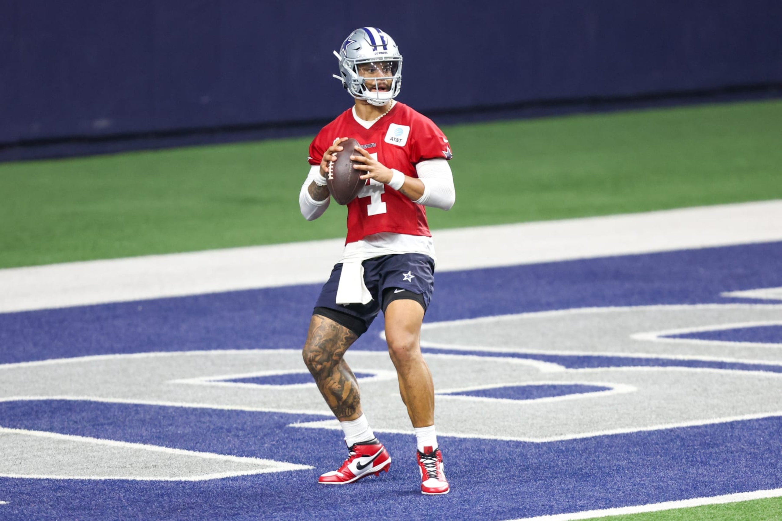 FRISCO, TX - MAY 22: Dallas Cowboys quarterback Dak Prescott (4) passes during the Dallas Cowboys OTAs on May 22, 2024 at The Star in Frisco, TX. (Photo by George Walker/Icon Sportswire via Getty Images)