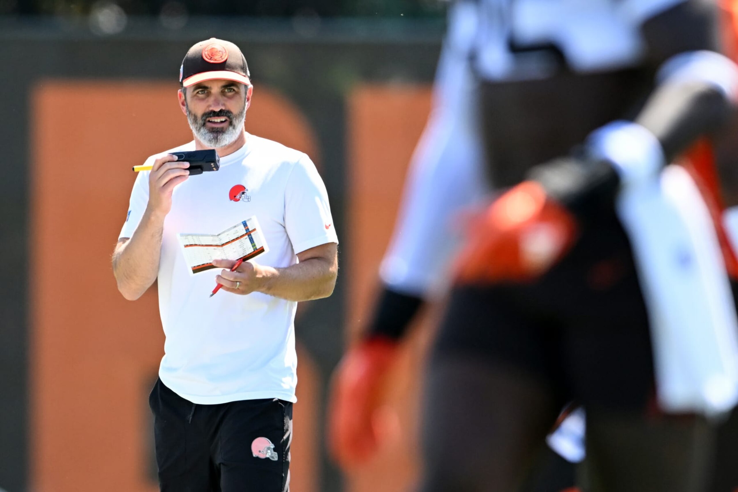 BEREA, OHIO - JUNE 12: Head coach Kevin Stefanski of the Cleveland Browns directs a drill during a mandatory minicamp workout at their CrossCountry Mortgage Campus on June 12, 2024 in Berea, Ohio. (Photo by Nick Cammett/Getty Images)