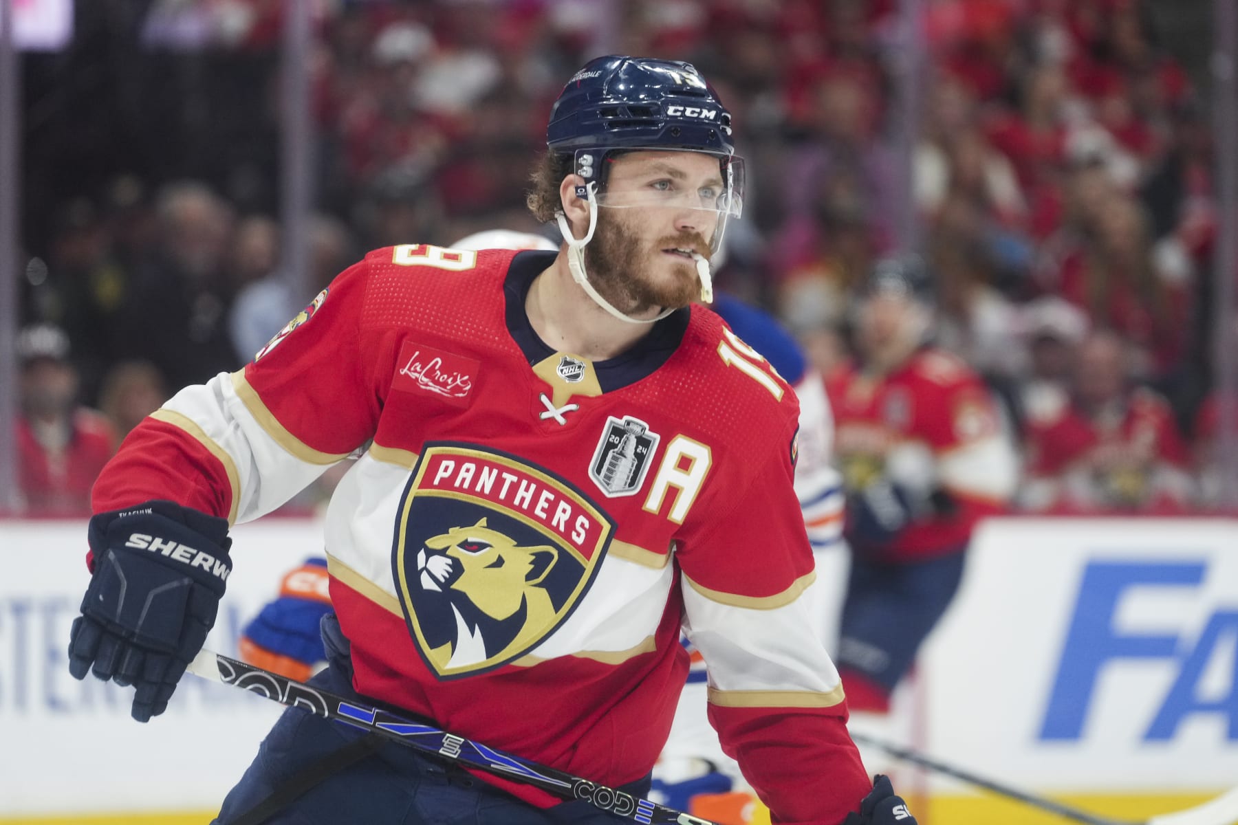 SUNRISE, FL - JUNE 24: Florida Panthers left wing Matthew Tkachuk (19) skates to a face-off in the third period during game seven of the Stanley Cup Finals between the Edmonton Oilers and the Florida Panthers on Monday, June 24, 2024  at Amerant Bank Arena in Sunrise, Fla. (Photo by Peter Joneleit/Icon Sportswire via Getty Images)