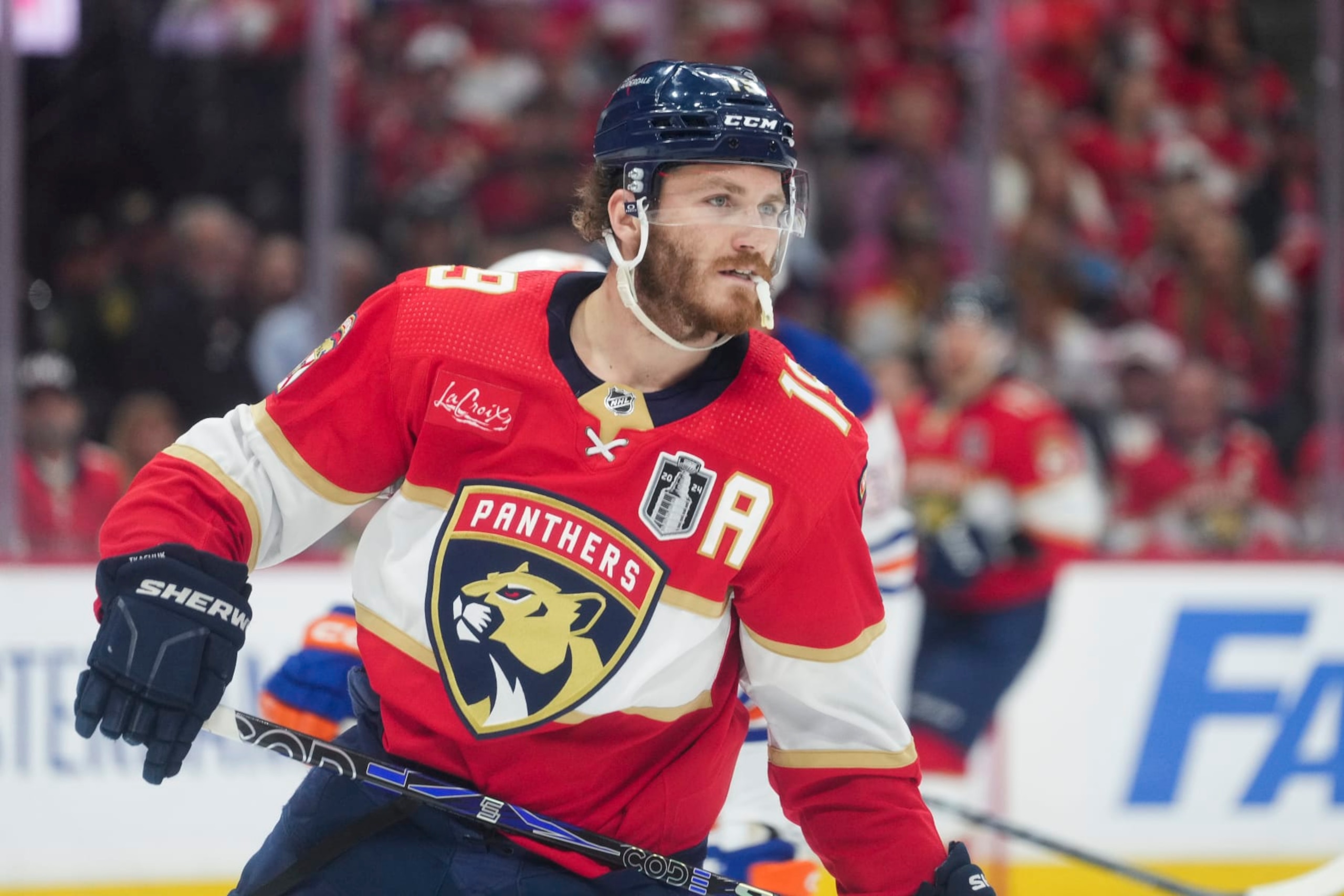 SUNRISE, FL - JUNE 24: Florida Panthers left wing Matthew Tkachuk (19) skates to a face-off in the third period during game seven of the Stanley Cup Finals between the Edmonton Oilers and the Florida Panthers on Monday, June 24, 2024  at Amerant Bank Arena in Sunrise, Fla. (Photo by Peter Joneleit/Icon Sportswire via Getty Images)