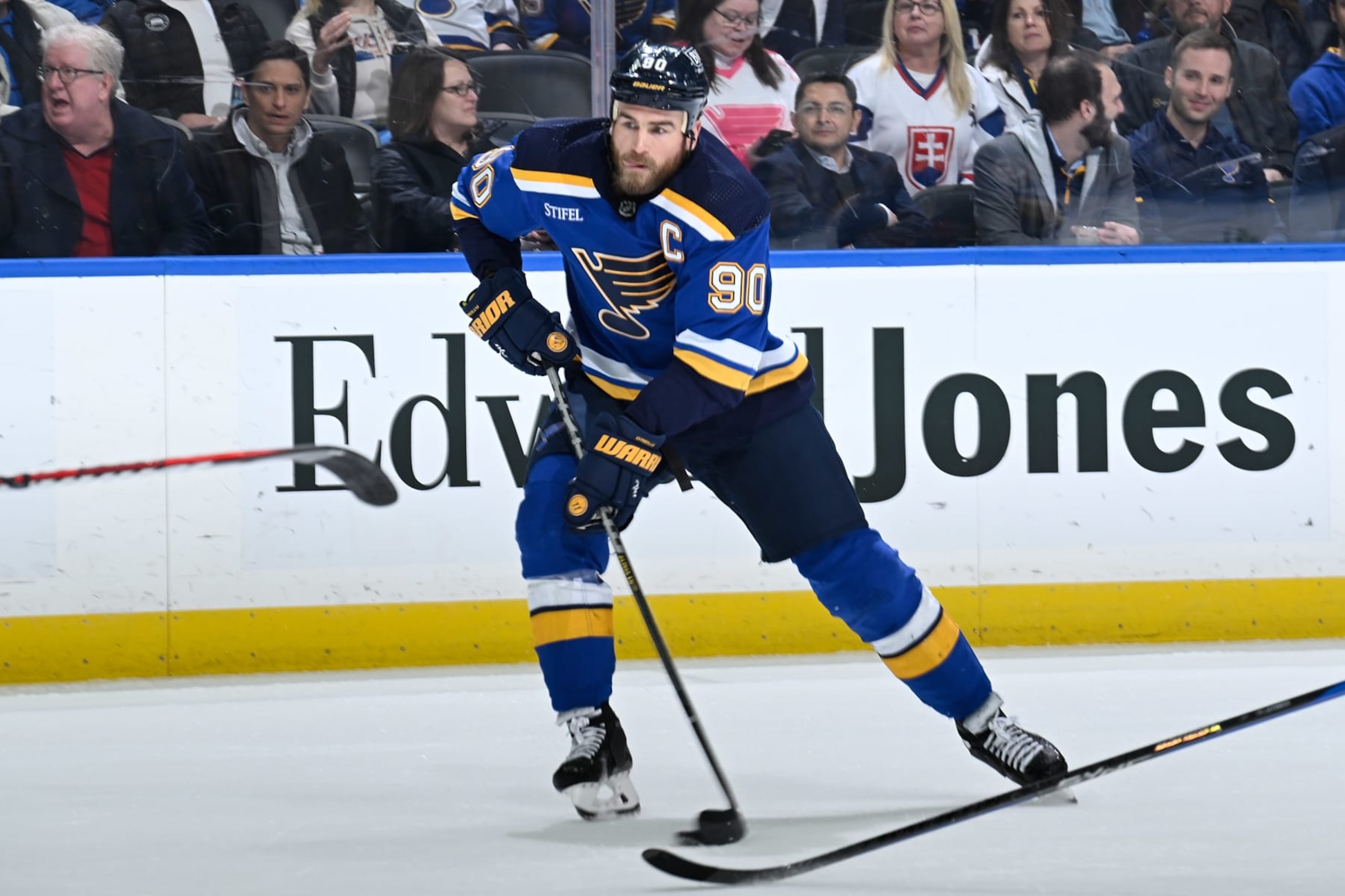 ST. LOUIS, MO - FEBRUARY 14: Ryan O'Reilly #90 of the St. Louis Blues in action against the Florida Panthers at the Enterprise Center on February 14, 2023 in St. Louis, Missouri. (Photo by Joe Puetz/NHLI via Getty Images)