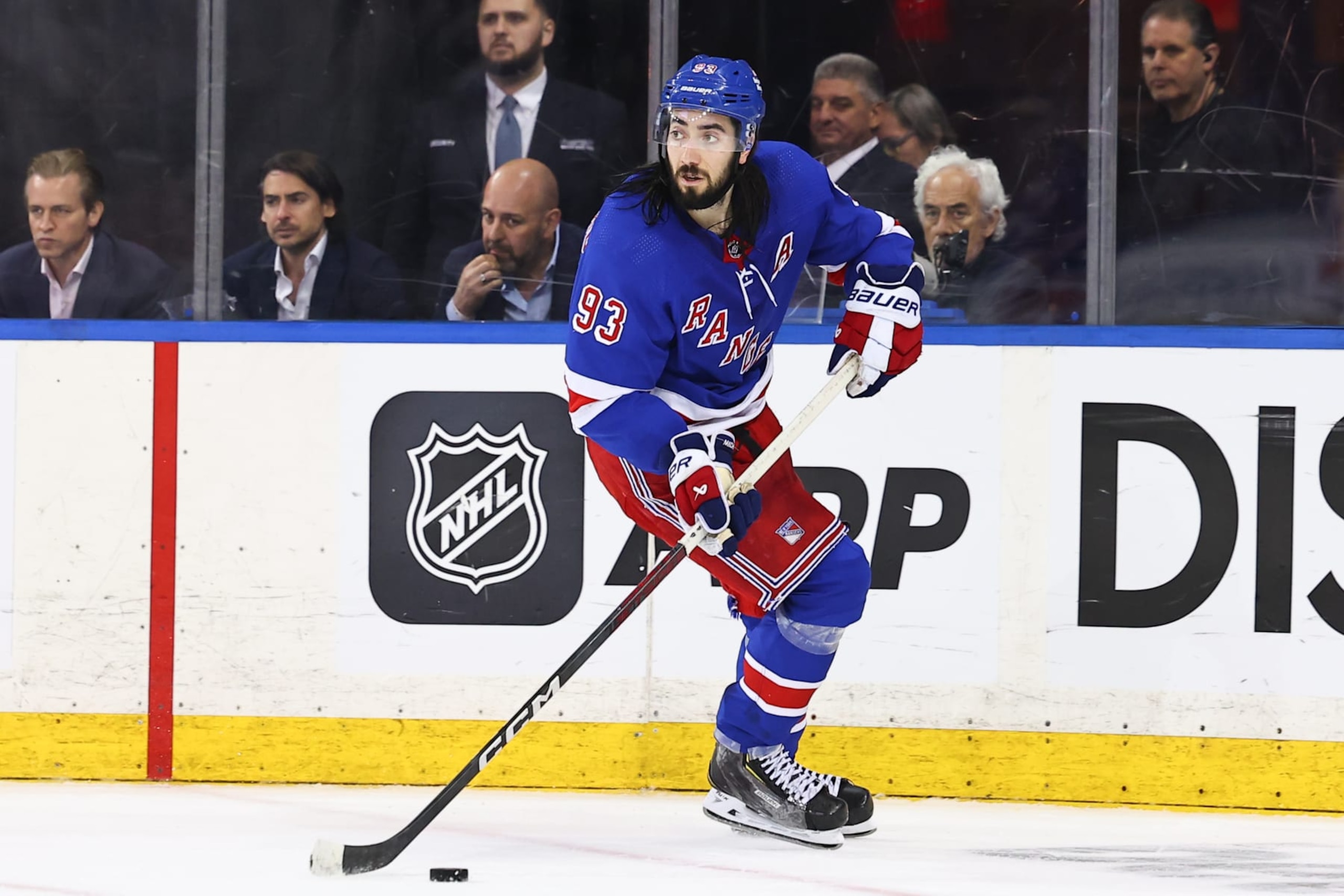 NEW YORK, NY - MAY 30: Mika Zibanejad #93 of the New York Rangers skates during  the third period of the National Hockey League Eastern Conference Final game 5 against the Florida Panthers on May 30, 2024 at Madison Square Garden in New York.  (Photo by Rich Graessle/Icon Sportswire via Getty Images)