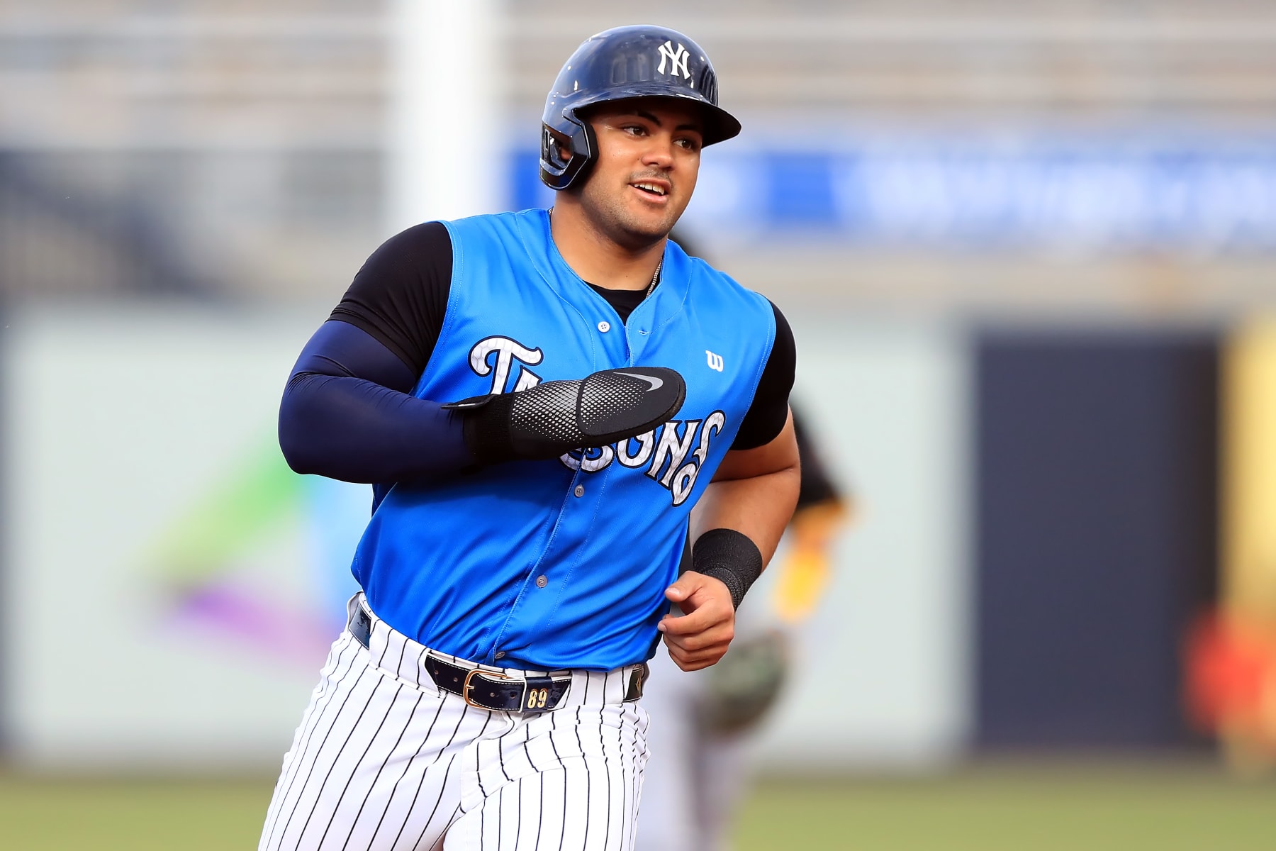 Tampa, FL - MAY 16:  Tampa Tarpons DH Jasson Dominguez (14) hustles around the bases during the MiLB Florida State League regular season game between the Bradenton Marauders and the Tampa Tarpons on May 16, 2024, at Steinbrenner Field in Tampa, FL. (Photo by Cliff Welch/Icon Sportswire via Getty Images)
