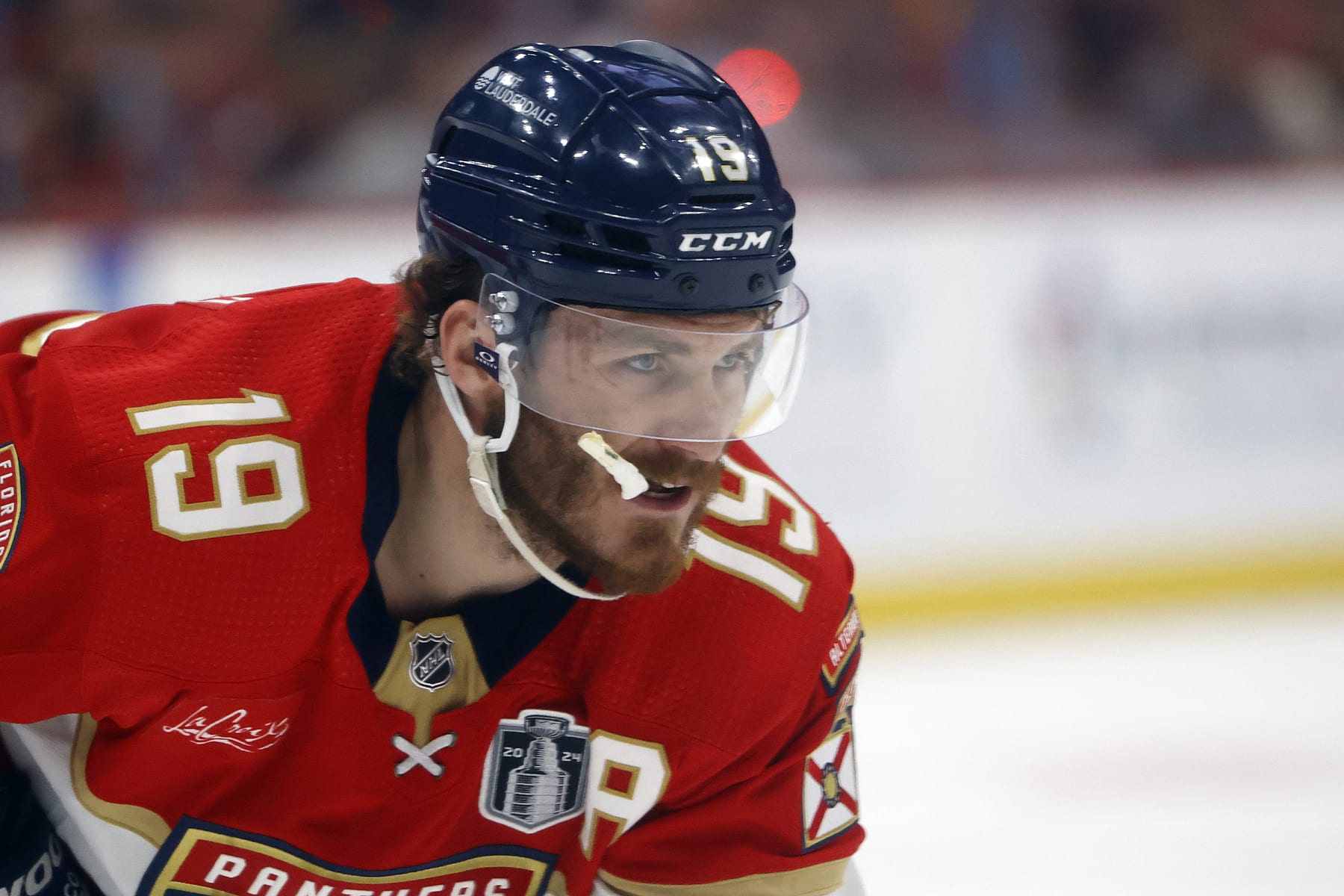 SUNRISE, FL - JUNE 24: Matthew Tkachuk #19 of the Florida Panthers prepares for a face-off against the Edmonton Oilers in Game Seven of the Final of the 2024 Stanley Cup Playoffs at the Amerant Bank Arena on June 24, 2024 in Sunrise, Florida. (Photo by Joel Auerbach/Getty Images)