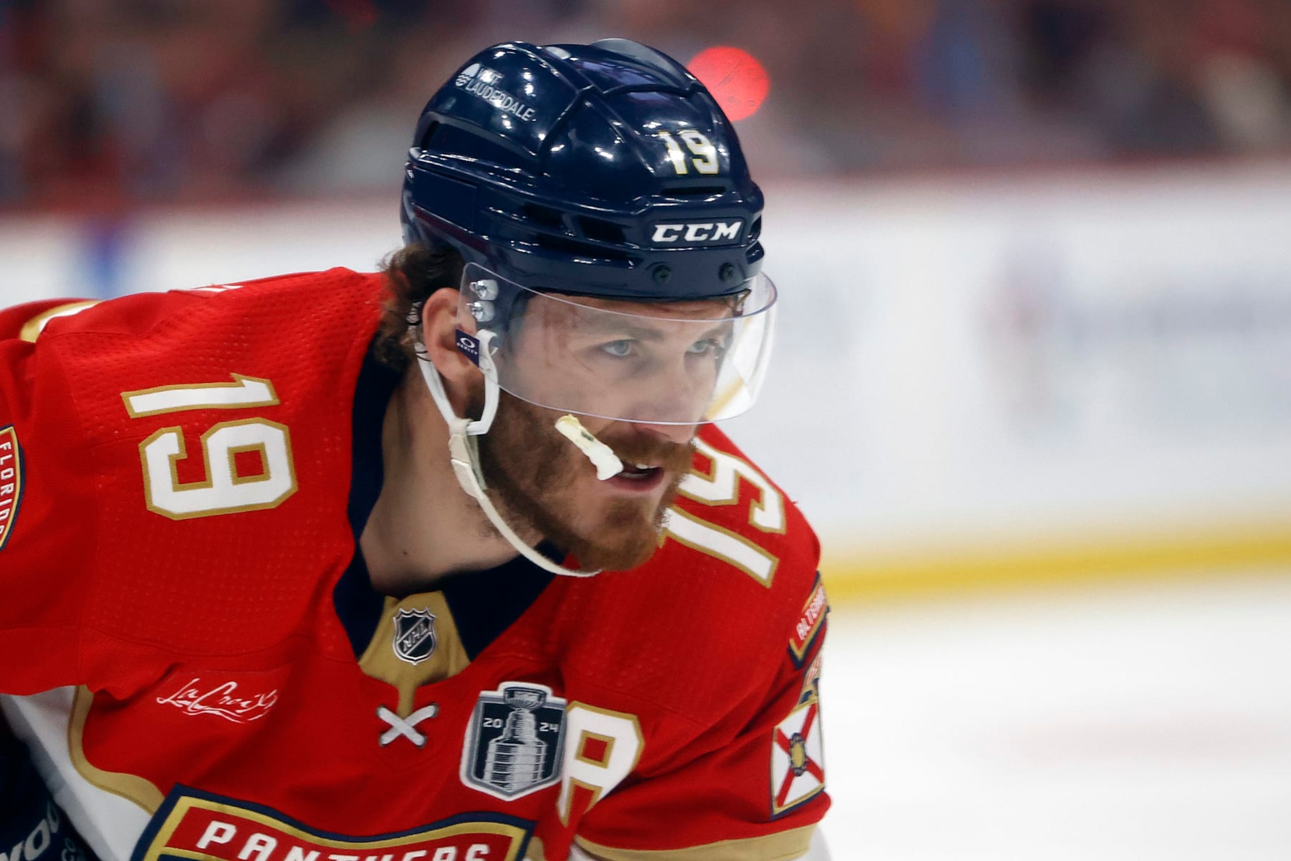 SUNRISE, FL - JUNE 24: Matthew Tkachuk #19 of the Florida Panthers prepares for a face-off against the Edmonton Oilers in Game Seven of the Final of the 2024 Stanley Cup Playoffs at the Amerant Bank Arena on June 24, 2024 in Sunrise, Florida. (Photo by Joel Auerbach/Getty Images)