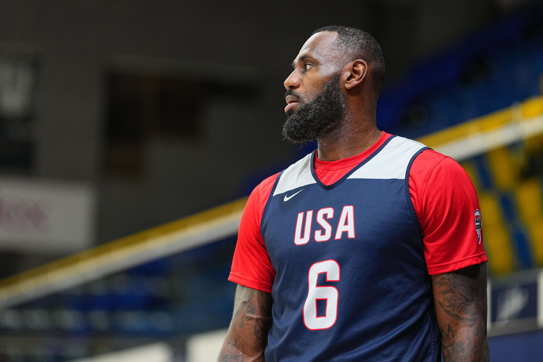 PARIS, FRANCE - JULY 25:  LeBron James #6 of the USA Men's National Team looks on during the USA Men's National Team practice at Palais des Sports Marcel-Cerdan on July 25, 2024 in Paris, France. NOTE TO USER: User expressly acknowledges and agrees that, by downloading and/or using this photograph, user is consenting to the terms and conditions of the Getty Images License Agreement. Mandatory Copyright Notice: Copyright 2024 NBAE (Photo by Garrett W. Ellwood/NBAE via Getty Images)