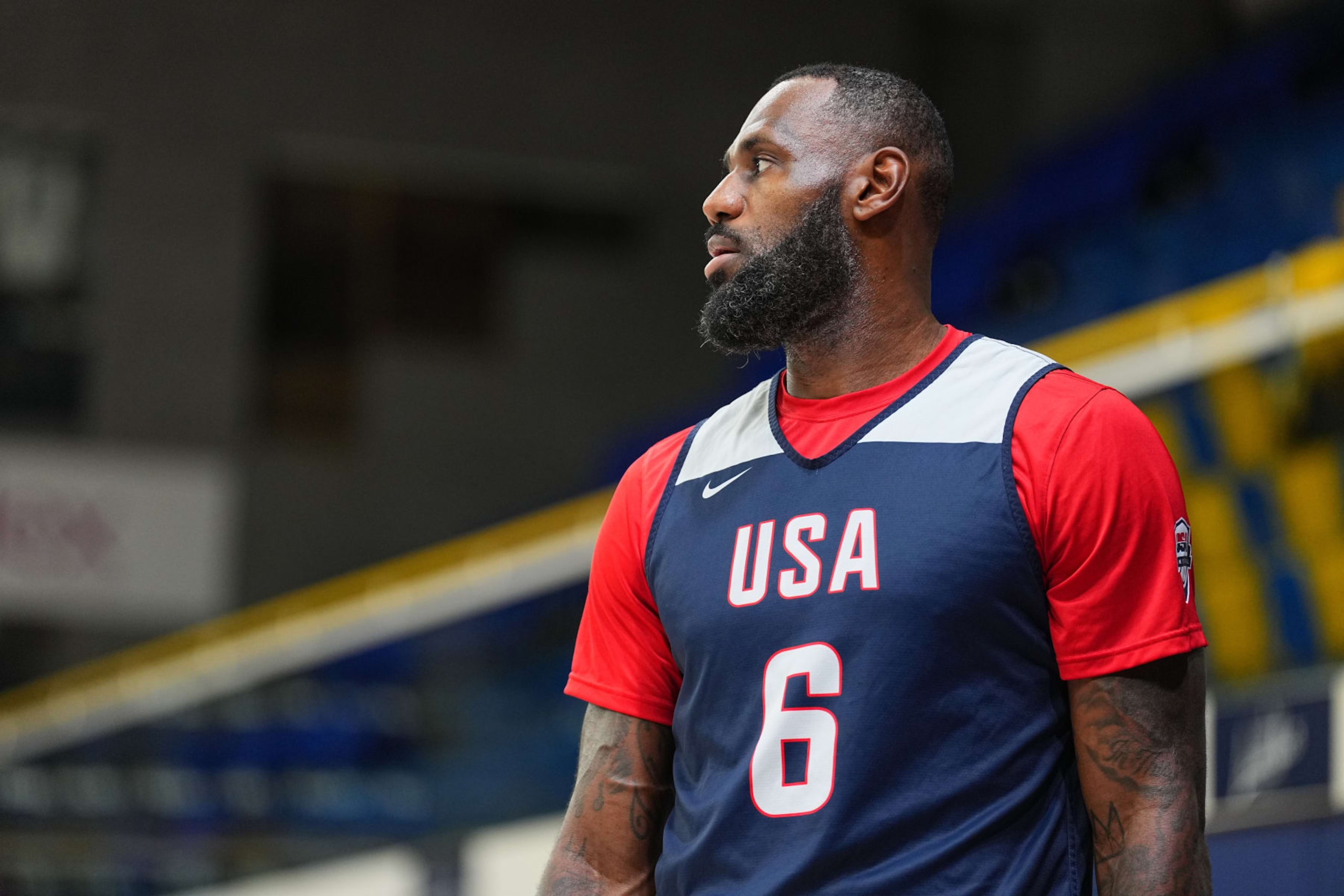 PARIS, FRANCE - JULY 25:  LeBron James #6 of the USA Men's National Team looks on during the USA Men's National Team practice at Palais des Sports Marcel-Cerdan on July 25, 2024 in Paris, France. NOTE TO USER: User expressly acknowledges and agrees that, by downloading and/or using this photograph, user is consenting to the terms and conditions of the Getty Images License Agreement. Mandatory Copyright Notice: Copyright 2024 NBAE (Photo by Garrett W. Ellwood/NBAE via Getty Images)