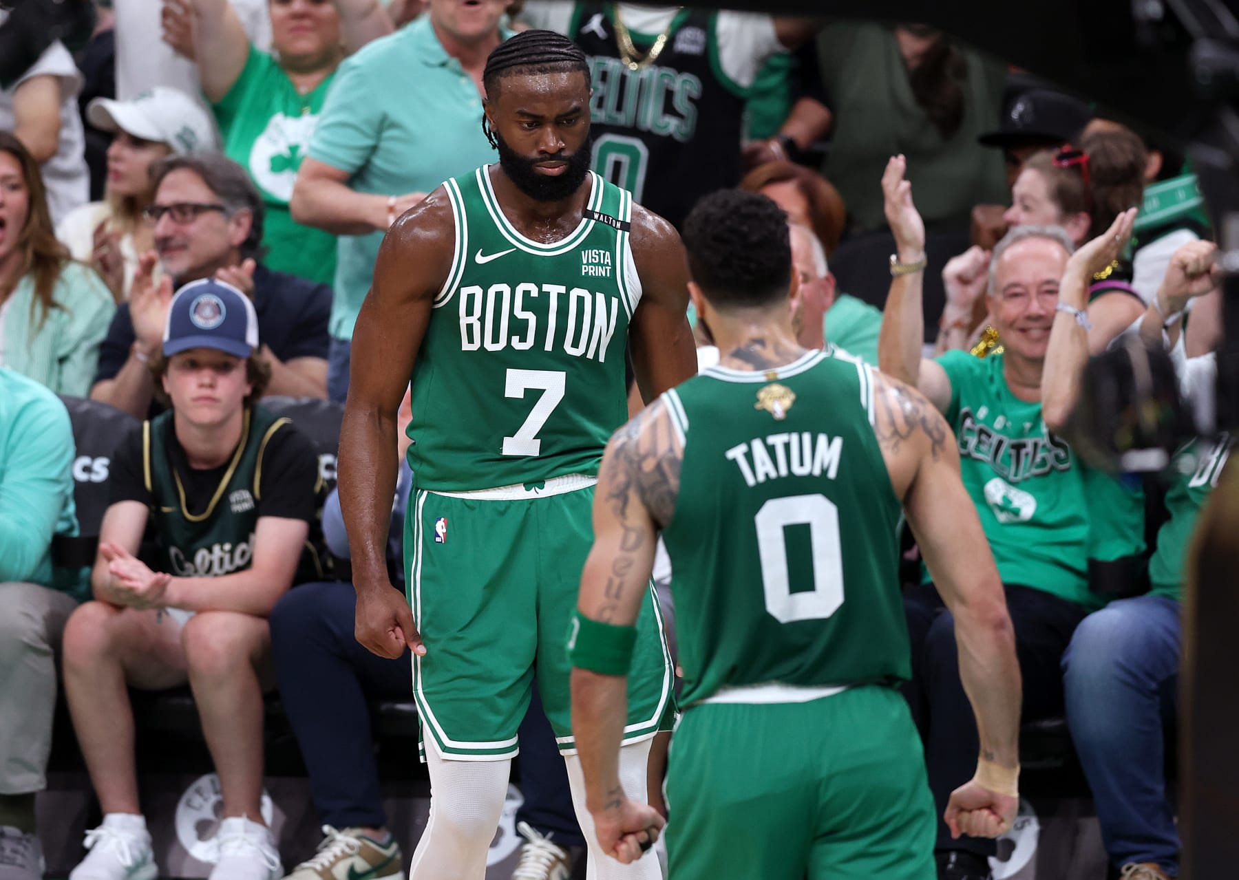 BOSTON, MASSACHUSETTS - JUNE 17: Jaylen Brown #7 celebrates with Jayson Tatum #0 of the Boston Celtics during the second quarter of Game Five of the 2024 NBA Finals against the Dallas Mavericks at TD Garden on June 17, 2024 in Boston, Massachusetts. NOTE TO USER: User expressly acknowledges and agrees that, by downloading and or using this photograph, User is consenting to the terms and conditions of the Getty Images License Agreement. (Photo by Adam Glanzman/Getty Images)