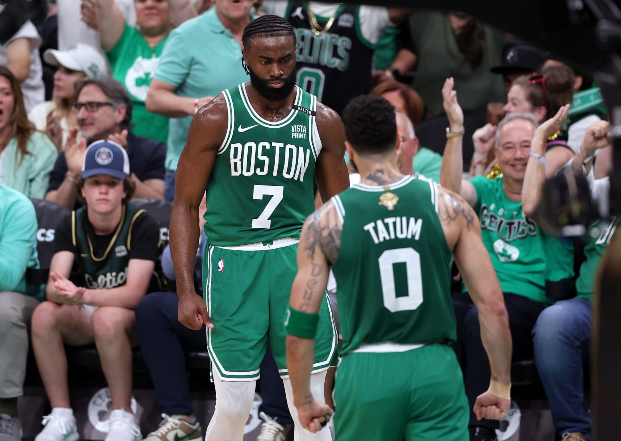 BOSTON, MASSACHUSETTS - JUNE 17: Jaylen Brown #7 celebrates with Jayson Tatum #0 of the Boston Celtics during the second quarter of Game Five of the 2024 NBA Finals against the Dallas Mavericks at TD Garden on June 17, 2024 in Boston, Massachusetts. NOTE TO USER: User expressly acknowledges and agrees that, by downloading and or using this photograph, User is consenting to the terms and conditions of the Getty Images License Agreement. (Photo by Adam Glanzman/Getty Images)