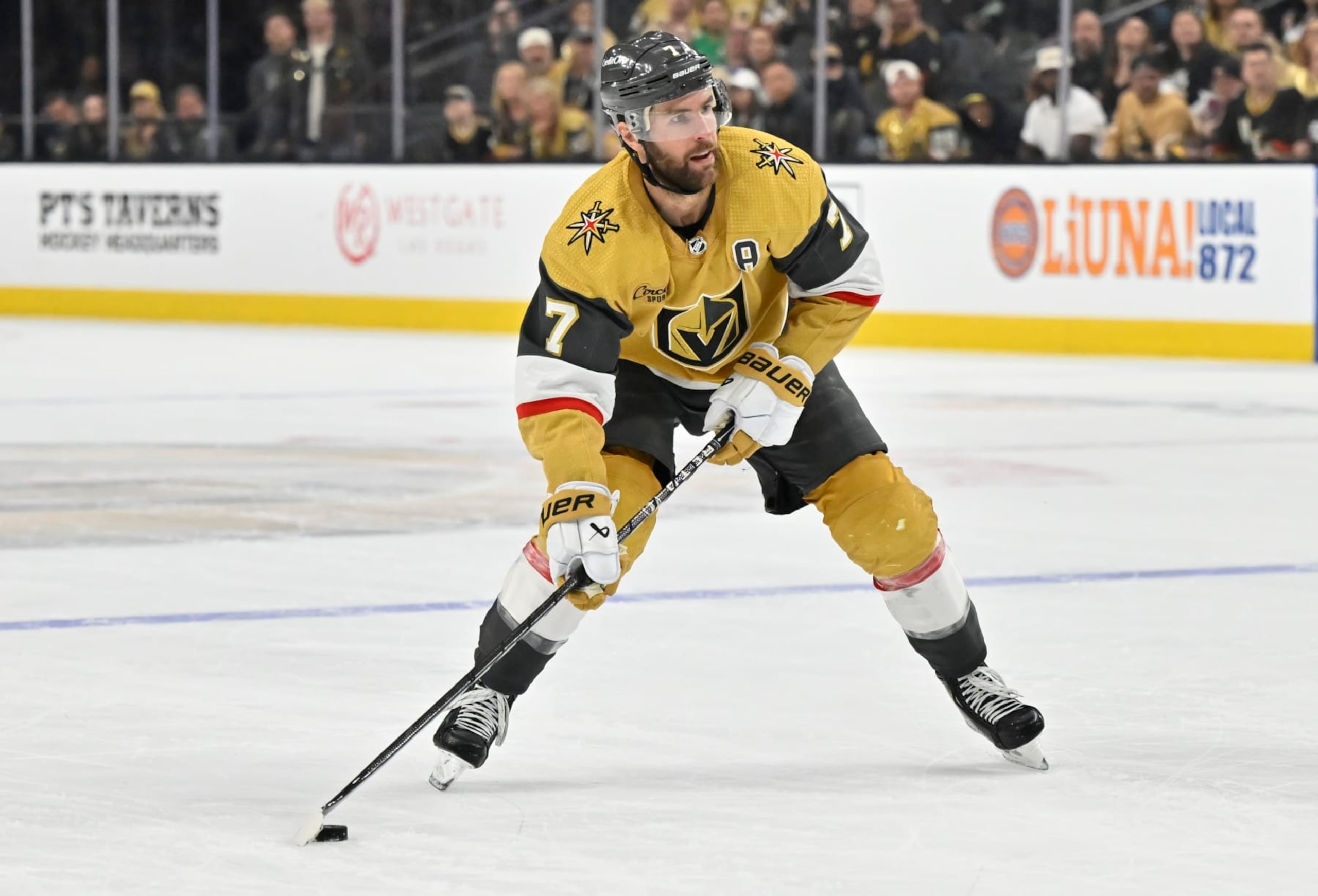 LAS VEGAS, NEVADA - MAY 03: Alex Pietrangelo #7 of the Vegas Golden Knights skates during the third period against the Dallas Stars in Game Six of the First Round of the 2024 Stanley Cup Playoffs at T-Mobile Arena on May 03, 2024 in Las Vegas, Nevada.  (Photo by David Becker/NHLI via Getty Images)