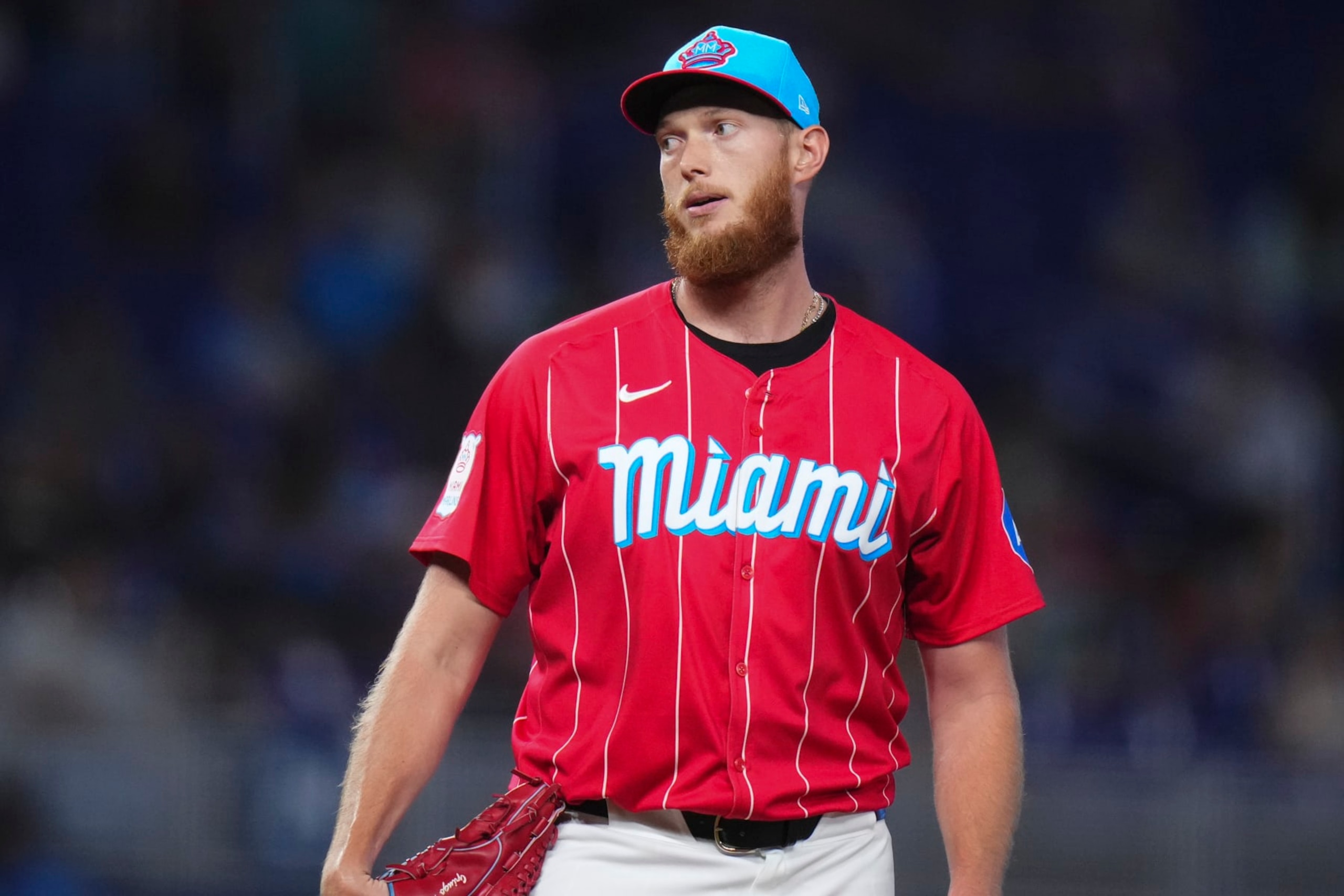 MIAMI, FLORIDA - JULY 06: A.J. Puk #35 of the Miami Marlins looks on during a game against the Chicago White Sox at loanDepot park on July 06, 2024 in Miami, Florida. (Photo by Rich Storry/Getty Images)