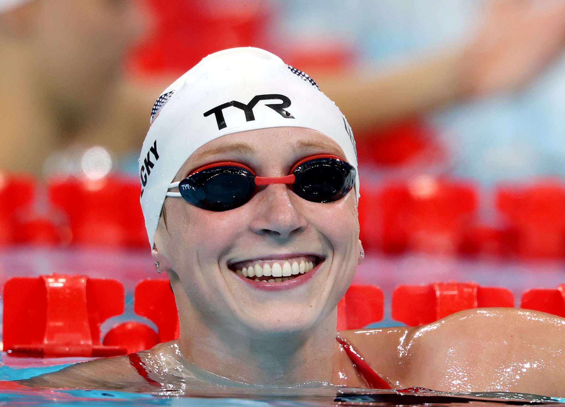 PARIS, FRANCE - JULY 23:  Katie Ledecky of Team USA looks on during a training session in the competition pool at Paris La Defense Arena ahead of the Paris 2024 Olympic Games on July 23, 2024 in Paris, France. (Photo by Al Bello/Getty Images)