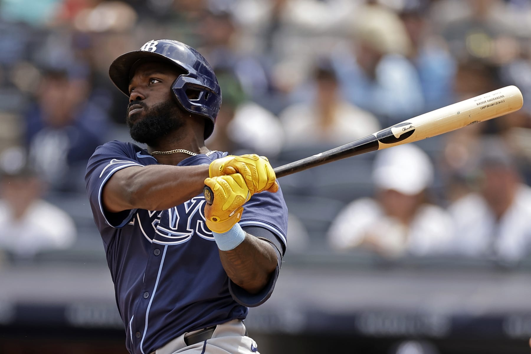 NEW YORK, NY - JULY 21: Randy Arozarena #56 of the Tampa Bay Rays hits a home run during the fourth inning against the New York Yankees at Yankee Stadium on July 21, 2024 in New York City. (Photo by Adam Hunger/Getty Images)