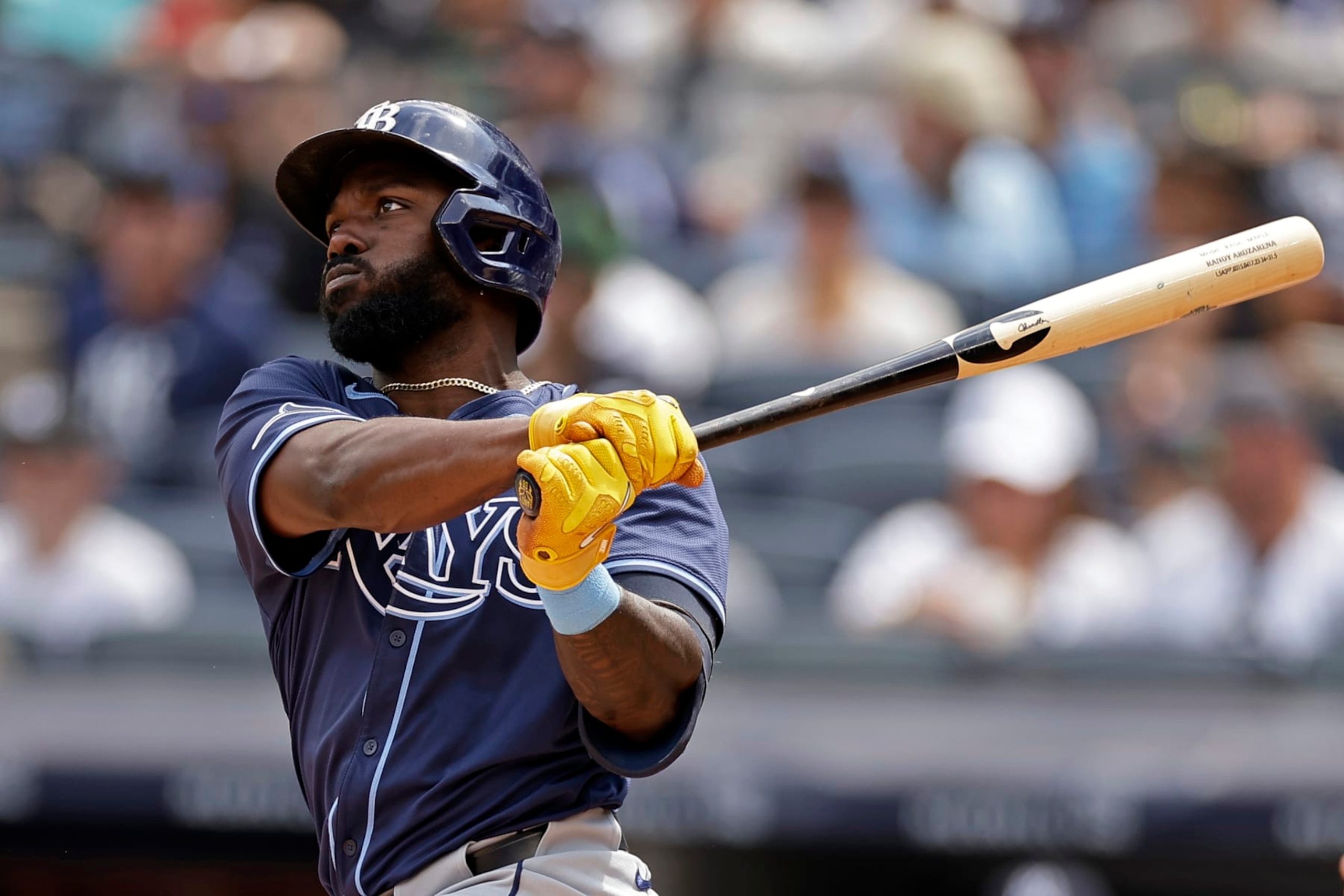 NEW YORK, NY - JULY 21: Randy Arozarena #56 of the Tampa Bay Rays hits a home run during the fourth inning against the New York Yankees at Yankee Stadium on July 21, 2024 in New York City. (Photo by Adam Hunger/Getty Images)
