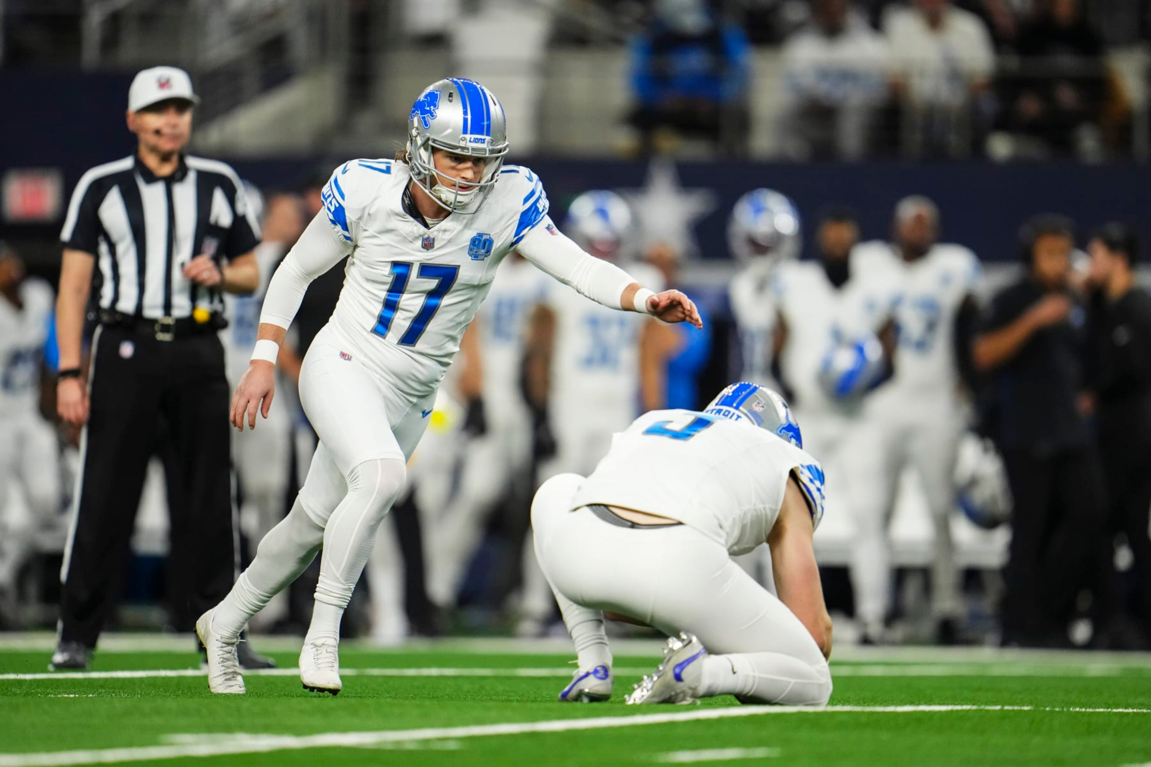 ARLINGTON, TX - DECEMBER 30: Michael Badgley #17 of the Detroit Lions kicks for a field goal during an NFL football game against the Dallas Cowboys at AT&T Stadium on December 30, 2023 in Arlington, Texas. (Photo by Cooper Neill/Getty Images) ARLINGTON, TX - DECEMBER 30: Michael Badgley #17 of the Detroit Lions kicks for a field goal during an NFL football game against the Dallas Cowboys at AT&T Stadium on December 30, 2023 in Arlington, Texas. (Photo by Cooper Neill/Getty Images)