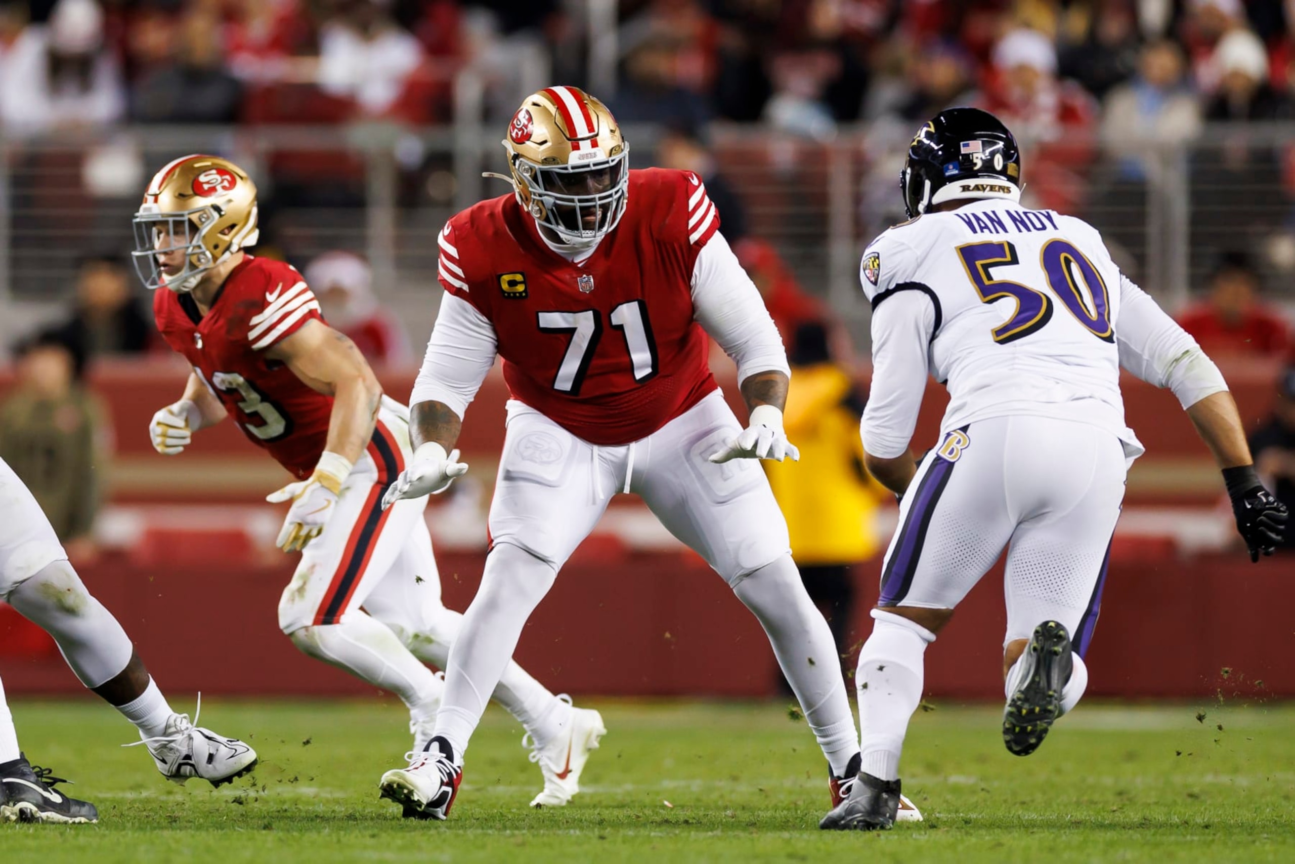 SANTA CLARA, CALIFORNIA - DECEMBER 25: Trent Williams #71 of the San Francisco 49ers blocks during an NFL football game against the Baltimore Ravens at Levi's Stadium on December 25, 2023 in Santa Clara, California. (Photo by Ryan Kang/Getty Images)