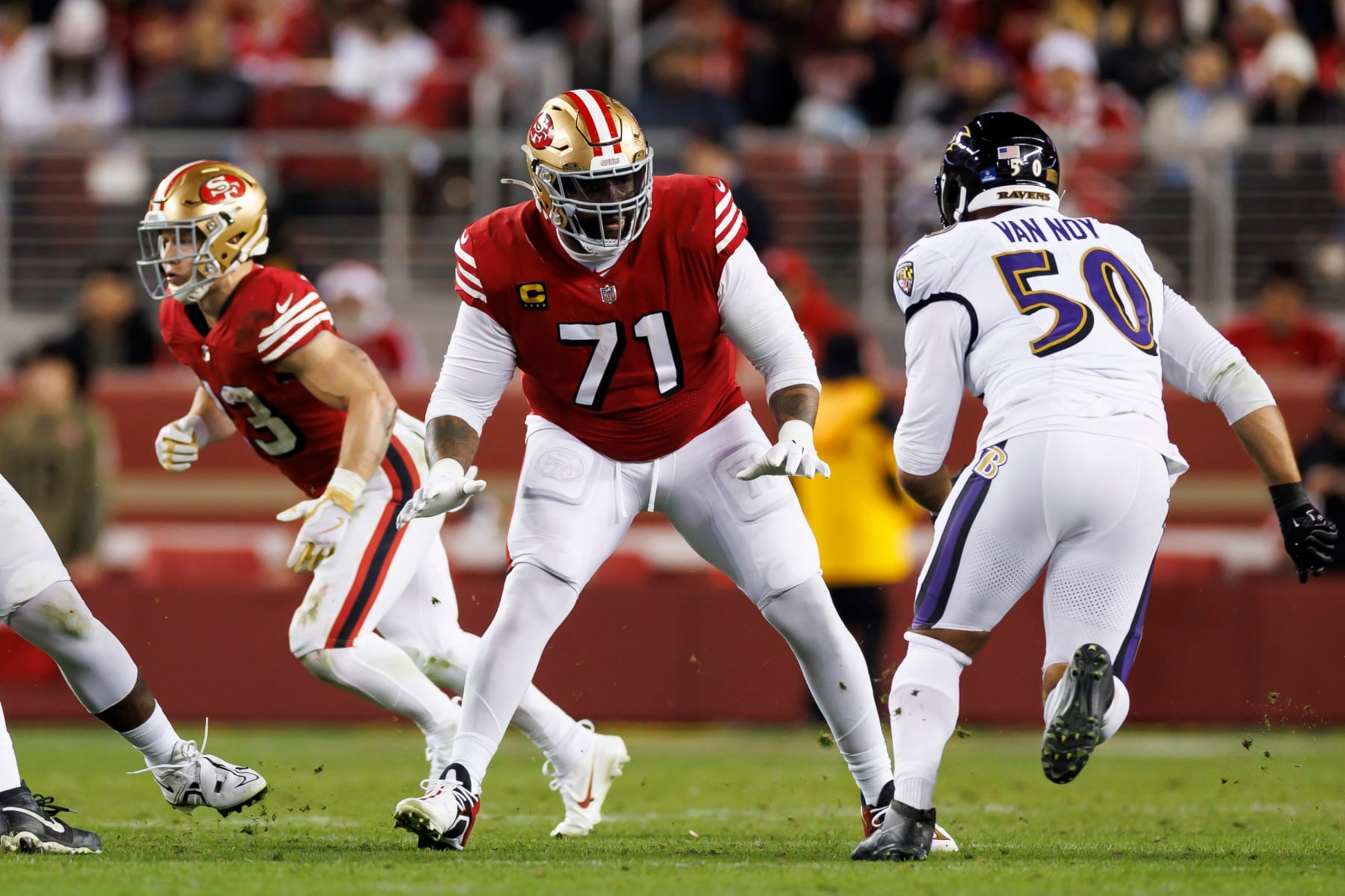SANTA CLARA, CALIFORNIA - DECEMBER 25: Trent Williams #71 of the San Francisco 49ers blocks during an NFL football game against the Baltimore Ravens at Levi's Stadium on December 25, 2023 in Santa Clara, California. (Photo by Ryan Kang/Getty Images)