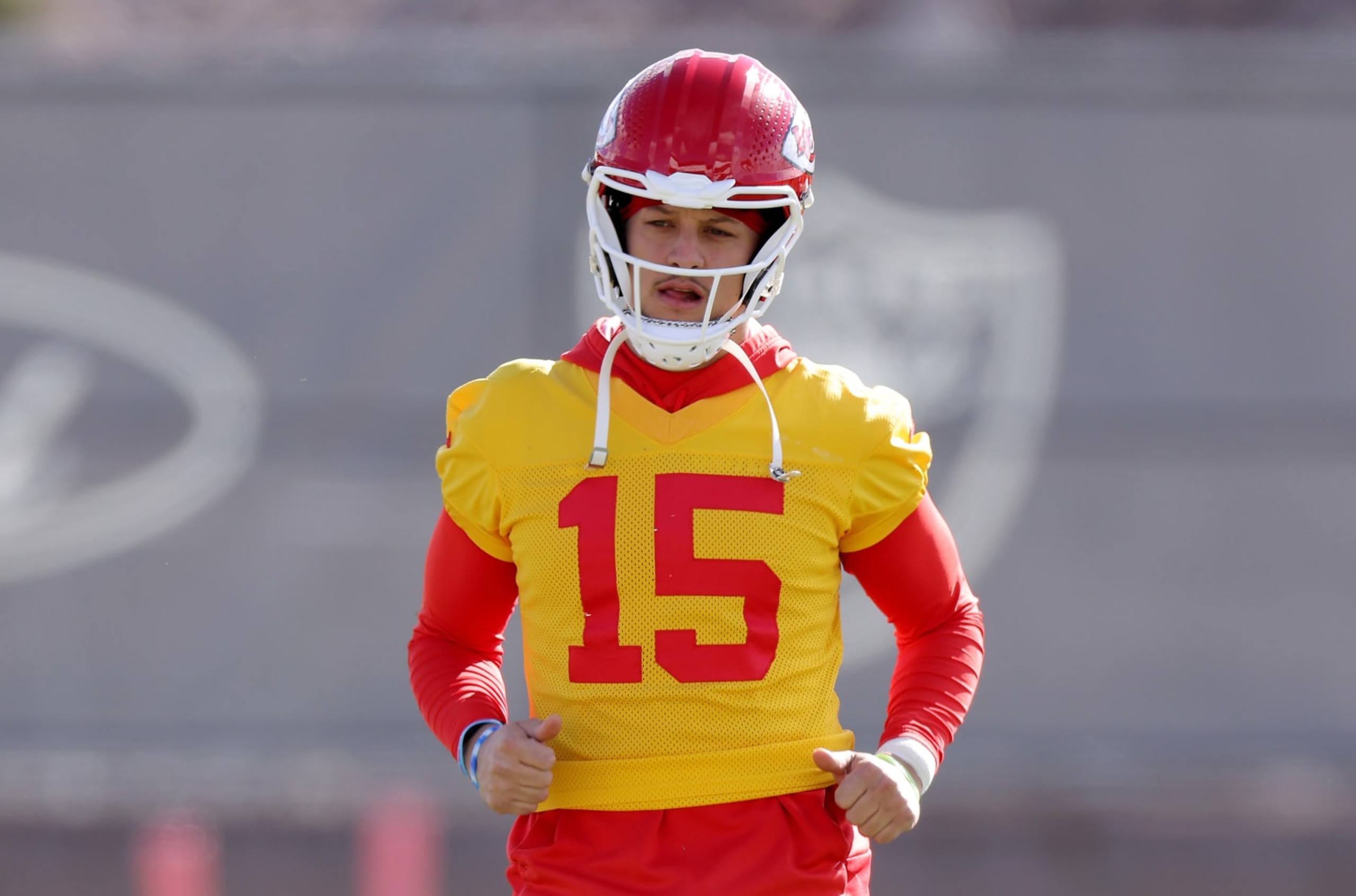 HENDERSON, NEVADA - FEBRUARY 08: Patrick Mahomes #15 of the Kansas City Chiefs warms up during Kansas City Chiefs practice ahead of Super Bowl LVIII at the Las Vegas Raiders Headquarters/Intermountain Healthcare Performance Center on February 08, 2024 in Henderson, Nevada. (Photo by Jamie Squire/Getty Images)
