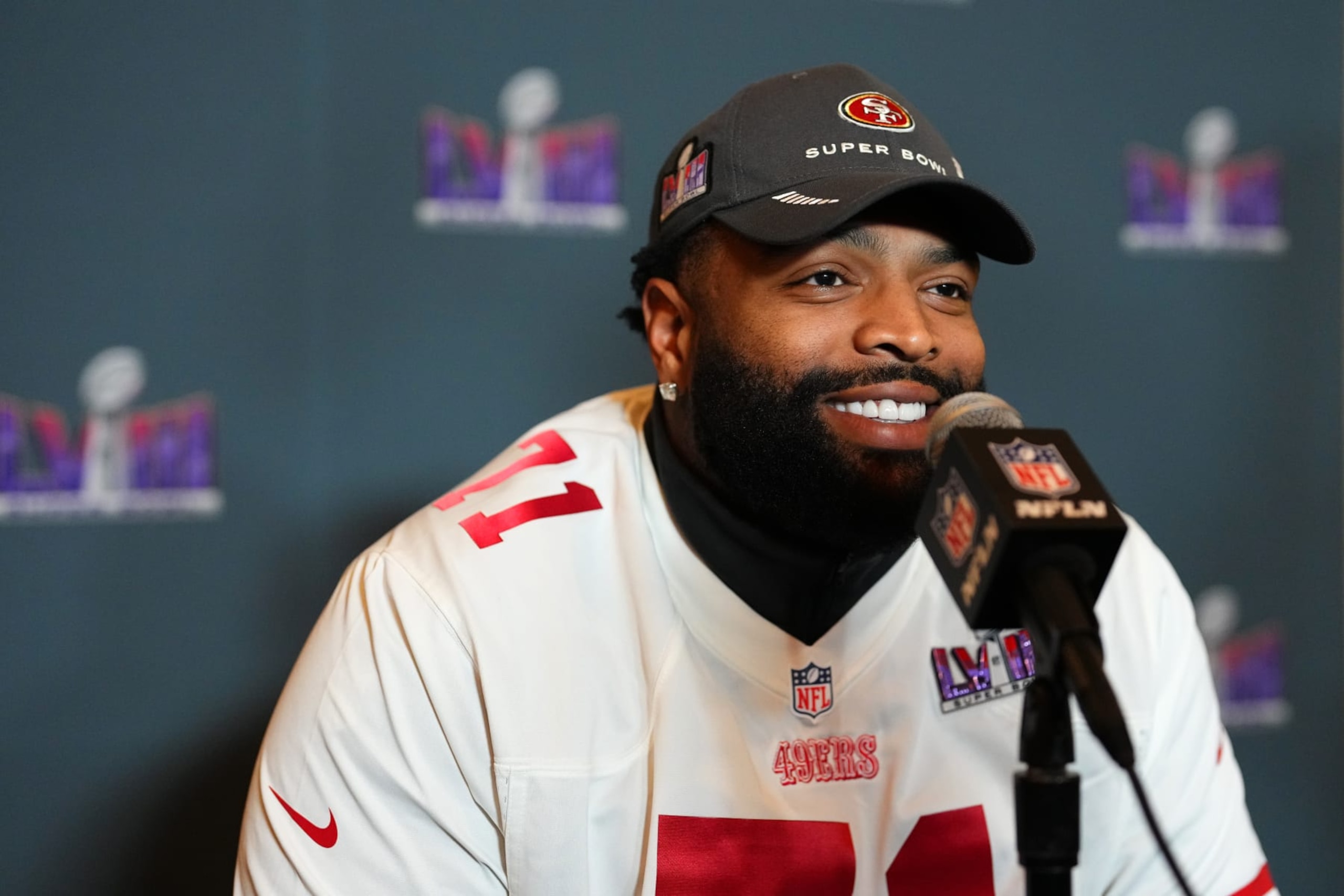 HENDERSON, NEVADA - FEBRUARY 08: Trent Williams #71 speaks to media during San Francisco 49ers media availability ahead of Super Bowl LVIII at Hilton Lake Las Vegas Resort and Spa on February 08, 2024 in Henderson, Nevada. (Photo by Chris Unger/Getty Images) HENDERSON, NEVADA - FEBRUARY 08: Trent Williams #71 speaks to media during San Francisco 49ers media availability ahead of Super Bowl LVIII at Hilton Lake Las Vegas Resort and Spa on February 08, 2024 in Henderson, Nevada. (Photo by Chris Unger/Getty Images)
