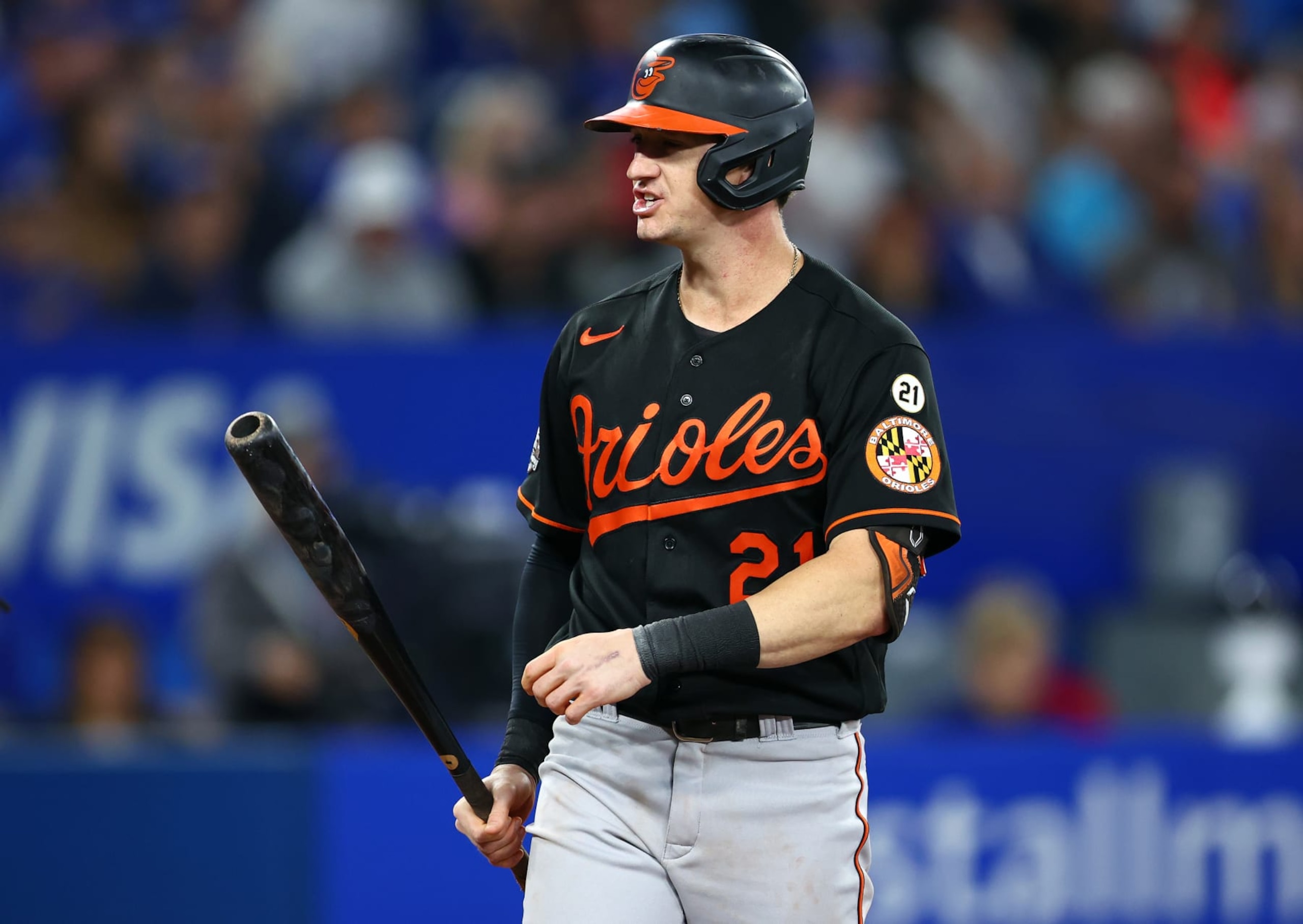 TORONTO, ON - SEPTEMBER 16:  Austin Hayes #21 of the Baltimore Orioles reacts after striking out against the Toronto Blue Jays at Rogers Centre on September 16, 2022 in Toronto, Ontario, Canada.  (Photo by Vaughn Ridley/Getty Images)