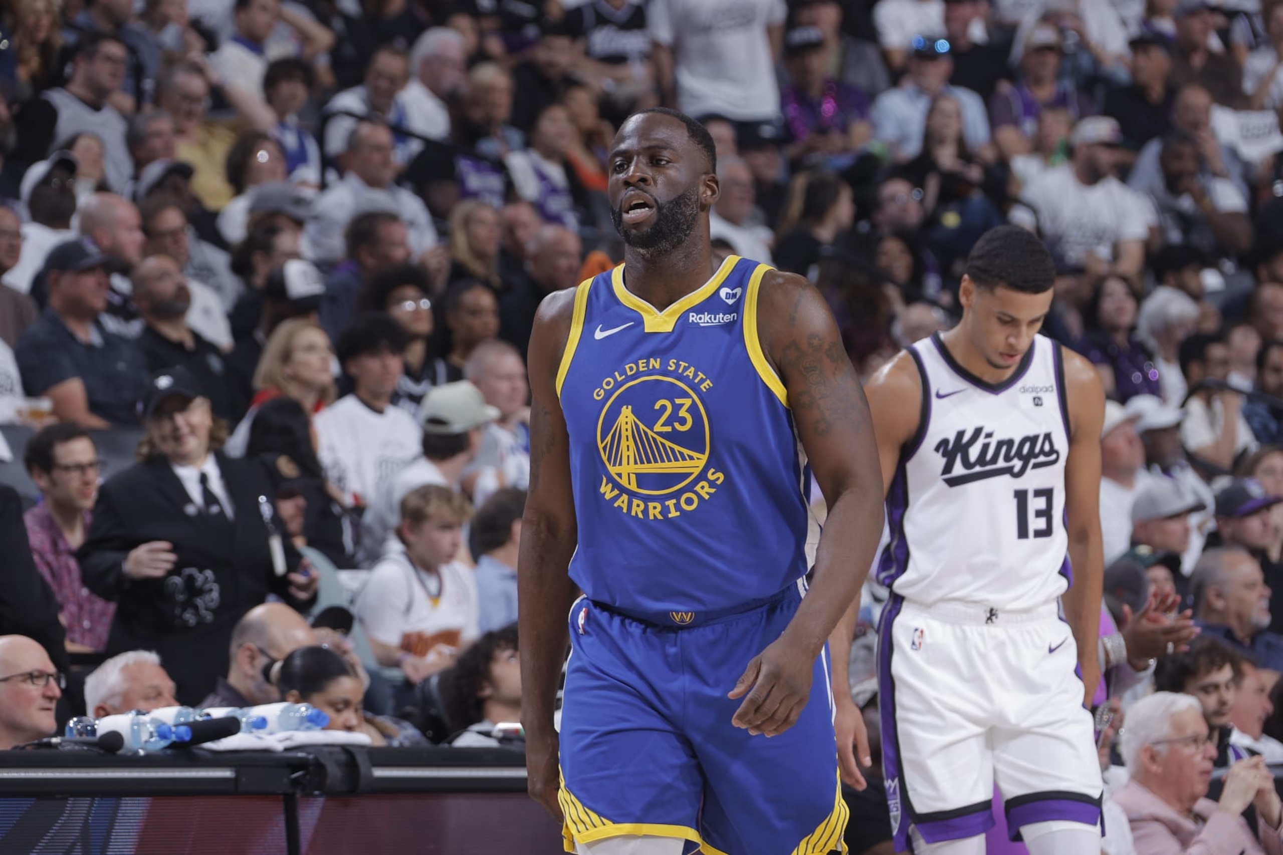 SACRAMENTO, CA - APRIL 16: Draymond Green #23 of the Golden State Warriors looks on during the game against the Sacramento Kings during the 2024 Play-In Tournament on April 16, 2024 at Golden 1 Center in Sacramento, California. NOTE TO USER: User expressly acknowledges and agrees that, by downloading and or using this photograph, User is consenting to the terms and conditions of the Getty Images Agreement. Mandatory Copyright Notice: Copyright 2024 NBAE (Photo by Rocky Widner/NBAE via Getty Images) SACRAMENTO, CA - APRIL 16: Draymond Green #23 of the Golden State Warriors looks on during the game against the Sacramento Kings during the 2024 Play-In Tournament on April 16, 2024 at Golden 1 Center in Sacramento, California. NOTE TO USER: User expressly acknowledges and agrees that, by downloading and or using this photograph, User is consenting to the terms and conditions of the Getty Images Agreement. Mandatory Copyright Notice: Copyright 2024 NBAE (Photo by Rocky Widner/NBAE via Getty Images)