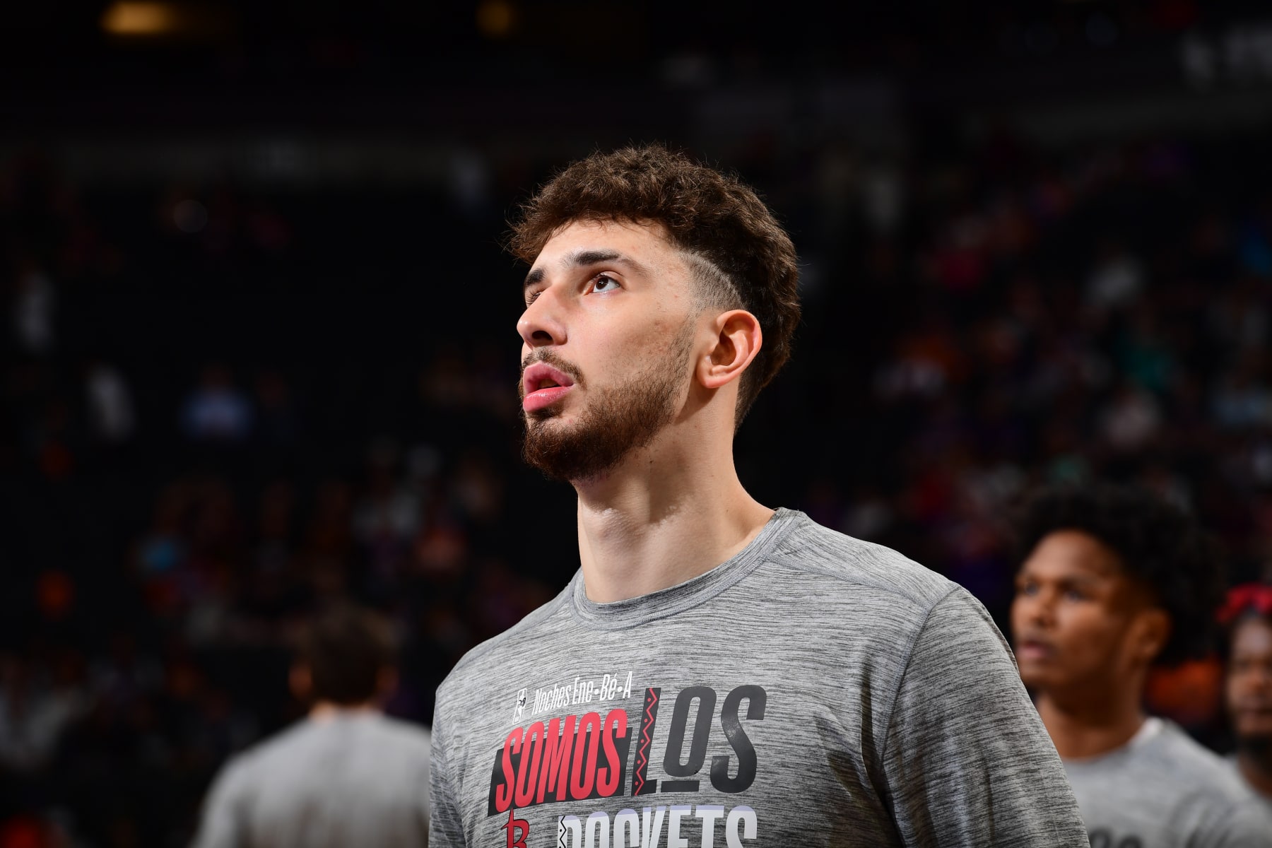 PHOENIX, AZ - MARCH 2:  Alperen Sengun #28 of the Houston Rockets looks on before the game against the Phoenix Suns on March 2, 2024 at Footprint Center in Phoenix, Arizona. NOTE TO USER: User expressly acknowledges and agrees that, by downloading and or using this photograph, user is consenting to the terms and conditions of the Getty Images License Agreement. Mandatory Copyright Notice: Copyright 2023 NBAE (Photo by Kate Frese/NBAE via Getty Images)