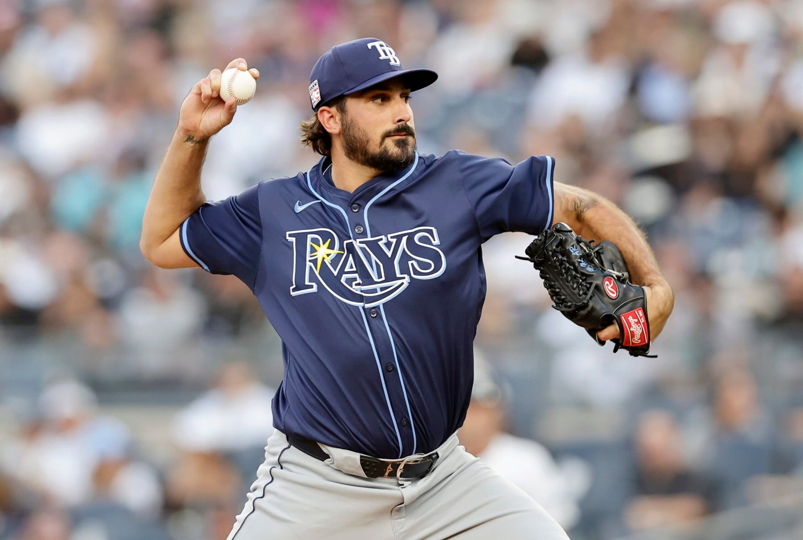 NEW YORK, NEW YORK - JULY 19:  Zach Eflin #24 of the Tampa Bay Rays pitches during the first inning against the New York Yankees at Yankee Stadium on July 19, 2024 in New York City. (Photo by Jim McIsaac/Getty Images)