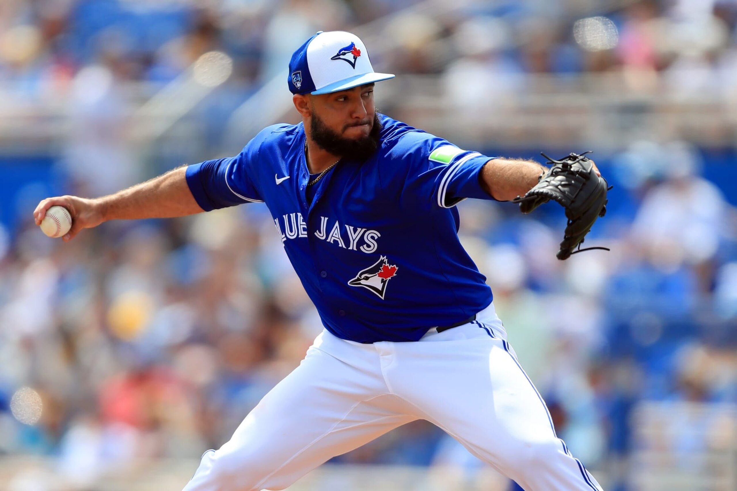 DUNEDIN, FL - March 10: Toronto Blue Jays Pitcher Yimi Garcia (93) delivers a pitch to the plate during the spring training game between the Baltimore Orioles (SS) and the Toronto Blue Jays (SS) on March 10, 2024, at the TD Ballpark in Dunedin, FL. (PhotoPhoto by Cliff Welch/Icon Sportswire via Getty Images)