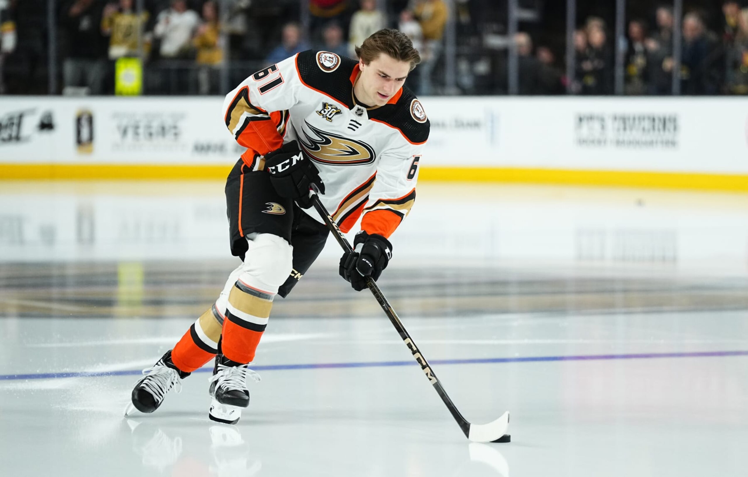 LAS VEGAS, NEVADA - APRIL 18: Cutter Gauthier #61 of the Anaheim Ducks warms up prior to his NHL debut against the Vegas Golden Knights at T-Mobile Arena on April 18, 2024 in Las Vegas, Nevada. (Photo by Jeff Bottari/NHLI via Getty Images) LAS VEGAS, NEVADA - APRIL 18: Cutter Gauthier #61 of the Anaheim Ducks warms up prior to his NHL debut against the Vegas Golden Knights at T-Mobile Arena on April 18, 2024 in Las Vegas, Nevada. (Photo by Jeff Bottari/NHLI via Getty Images)